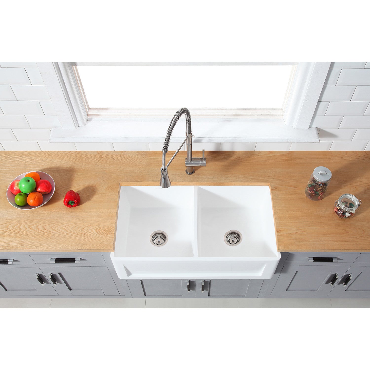 Arcticstone 36 Inch White Farmhouse Kitchen Sink - Double Bowl Apron Front Solid Surface Sink with 2 Strainers, Matte Finish - Perfect for Modern Farmhouse & Rustic Kitchen Designs