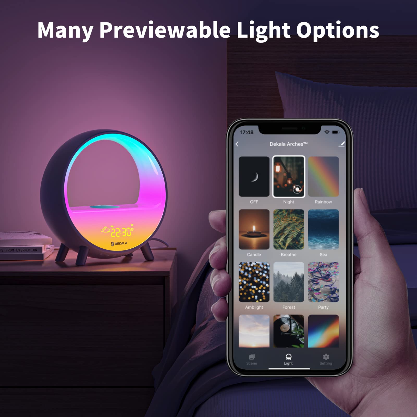 Dekala Sunrise Alarm Clock with 15W Fast Wireless Charging, Sunset Simulation & White Noise Sound Machine, Smart Ambient Lamp with Gradual Sunrise, WiFi & Touch Control - Perfect for Bedroom, Office, Meditation & Relaxation