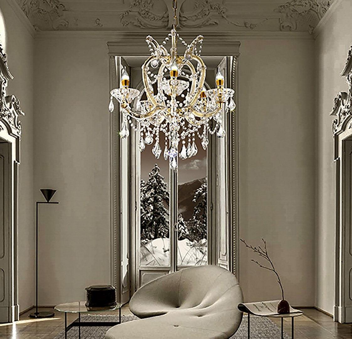22-Inch Bella Petite Gold Crystal Chandelier with 5 LED Lights - Elegant Dining Room & Bedroom Lighting Fixture for Home Decor