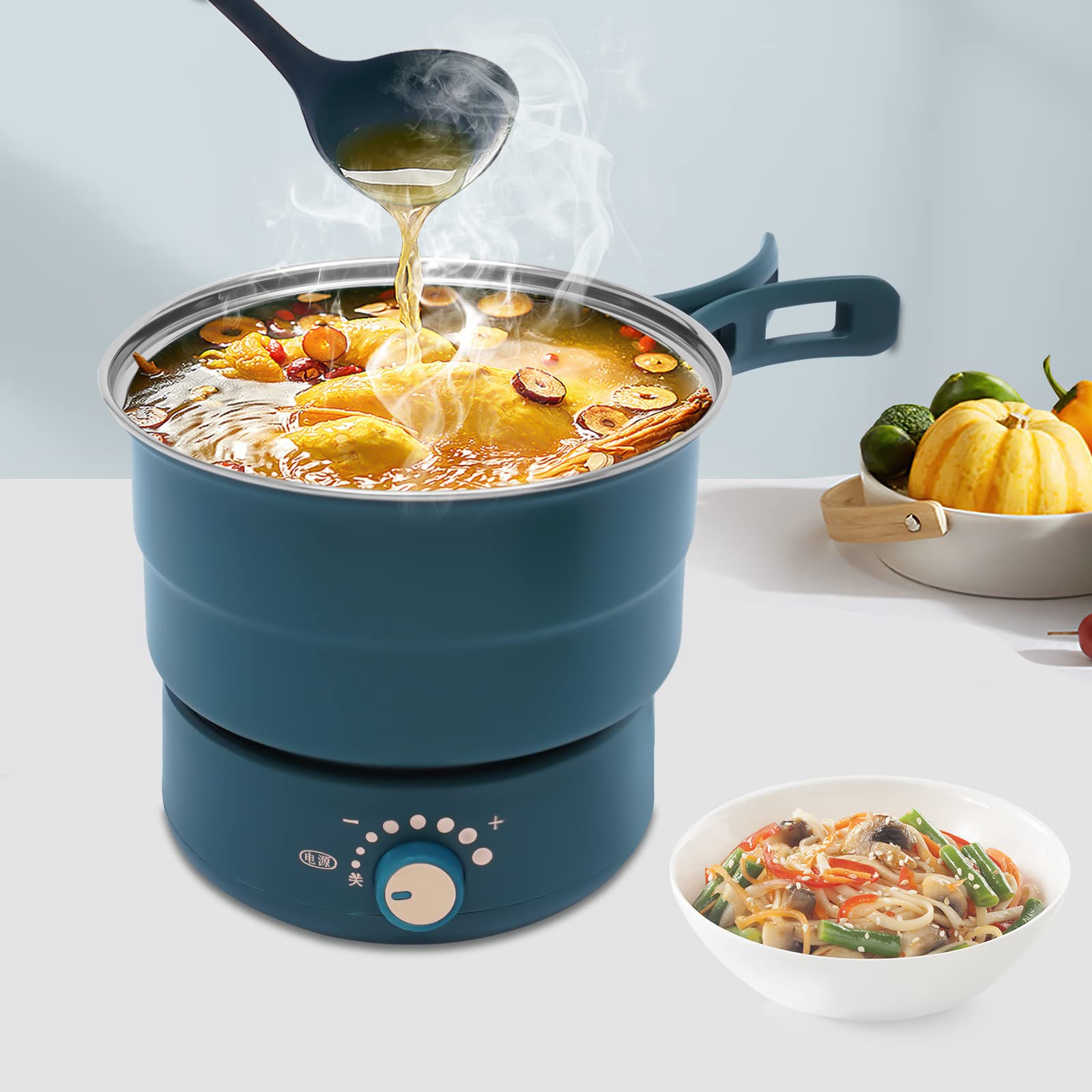 LYNICESHOP 110V Electric Hot Pot Cooker with Steamer - Portable Mini Travel Non-Stick Electric Skillet for Ramen, Pasta, Soup & More - Perfect for Dorms, Camping & Small Kitchens (Green)