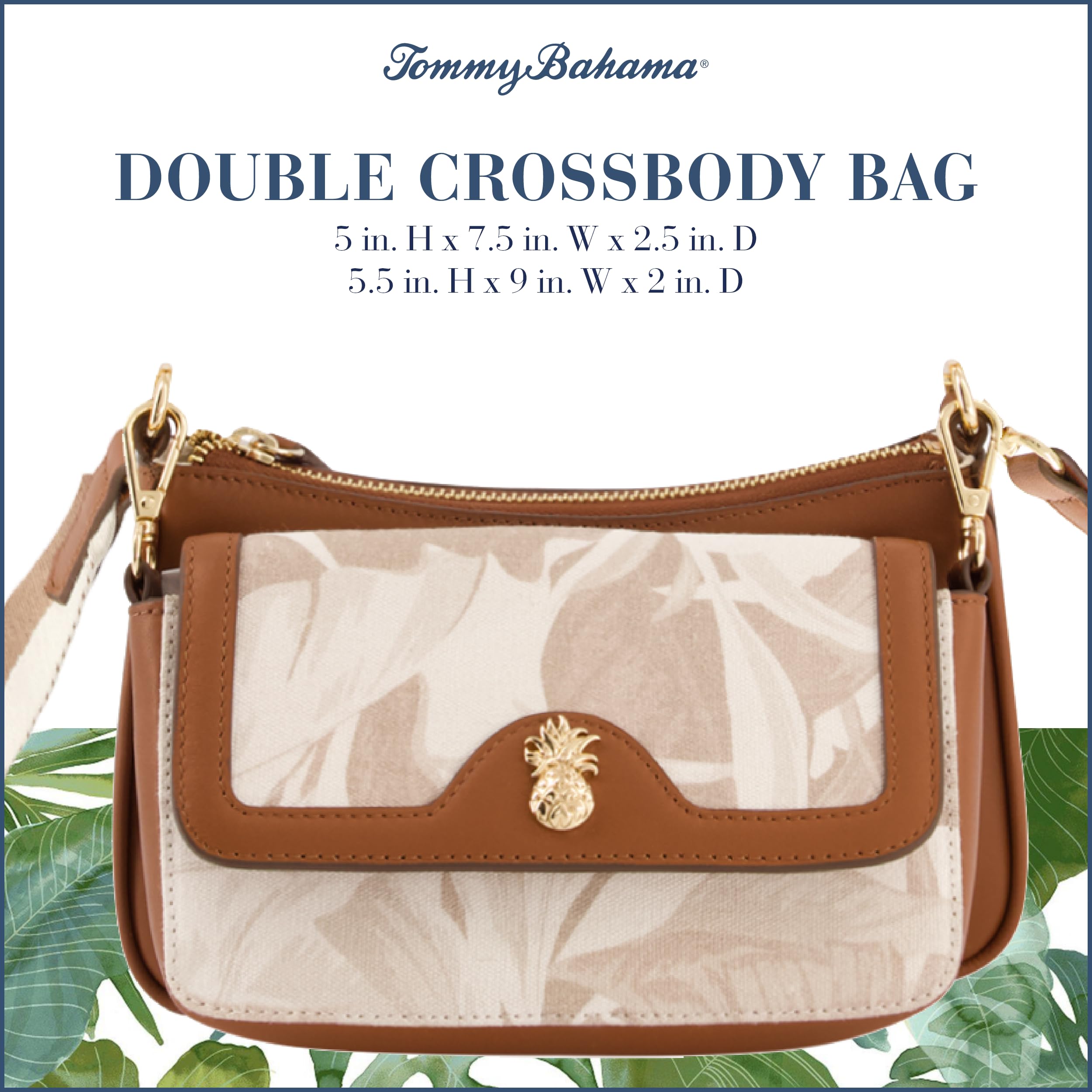 Tommy Bahama Women's Small Double Crossbody Bag - Adjustable Strap Leather Trim Shoulder Handbag Purse for Travel, Shopping & Everyday Use