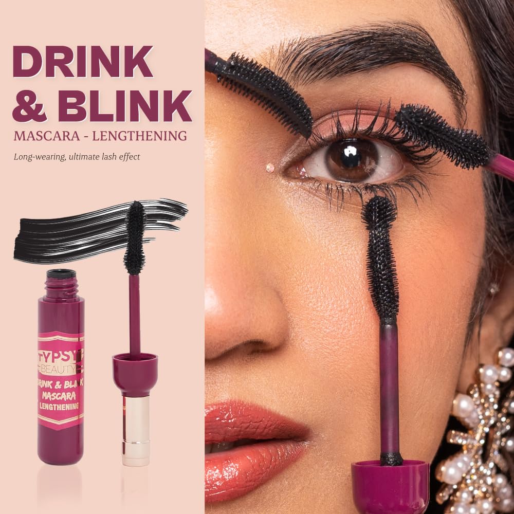 Typsy Beauty Drink & Blink Lengthening Mascara - Intense Black for Extreme Volume & Length | Hourglass Wand for Clump-Free, Long-Lasting Wear | Paraben & SLS Free (9g) | Perfect for Day to Night Makeup, Parties & Special Occasions