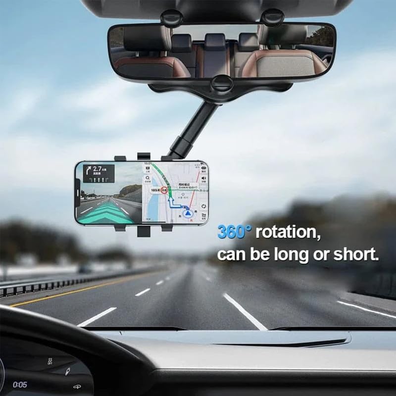 360° Rotatable Car Phone Holder for Rearview Mirror - Universal Multifunctional Phone Mount for All Smartphones - Perfect for GPS Navigation, Hands-Free Calls & Safe Driving (Black)