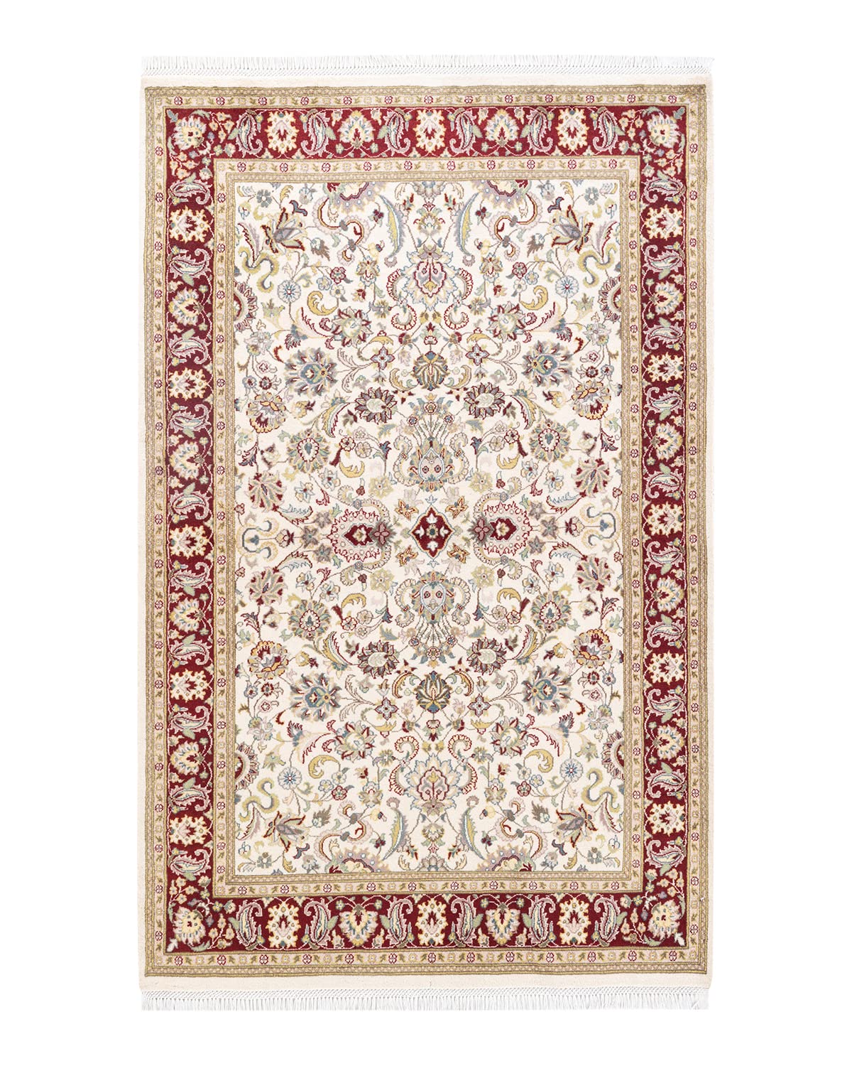 Handmade Wool Oriental Mogul Ivory 4x6 Area Rug - Traditional Hand-Knotted One-of-a-Kind Solo Rugs for Living Room, Bedroom & Home Decor