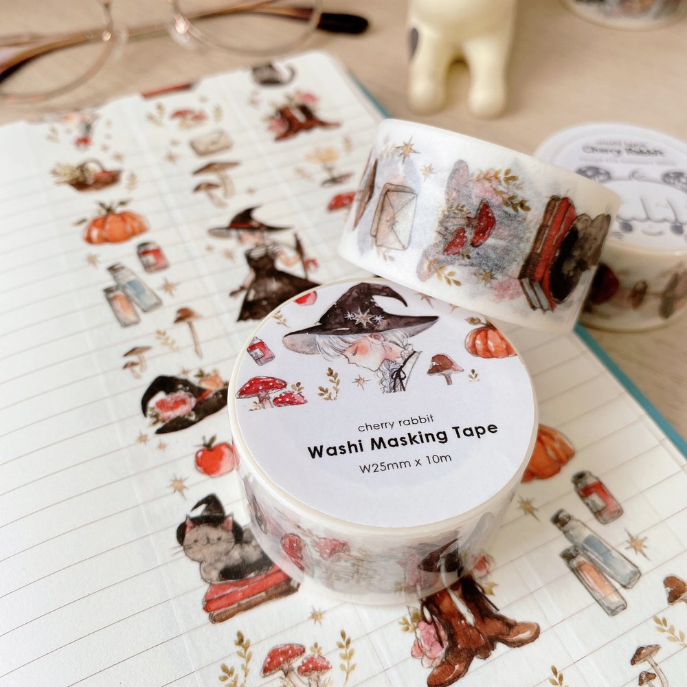 Autumn Witch Washi Tape - Decorative Japanese Paper Tape for Scrapbooking, Journaling, DIY Crafts & Halloween Decorations