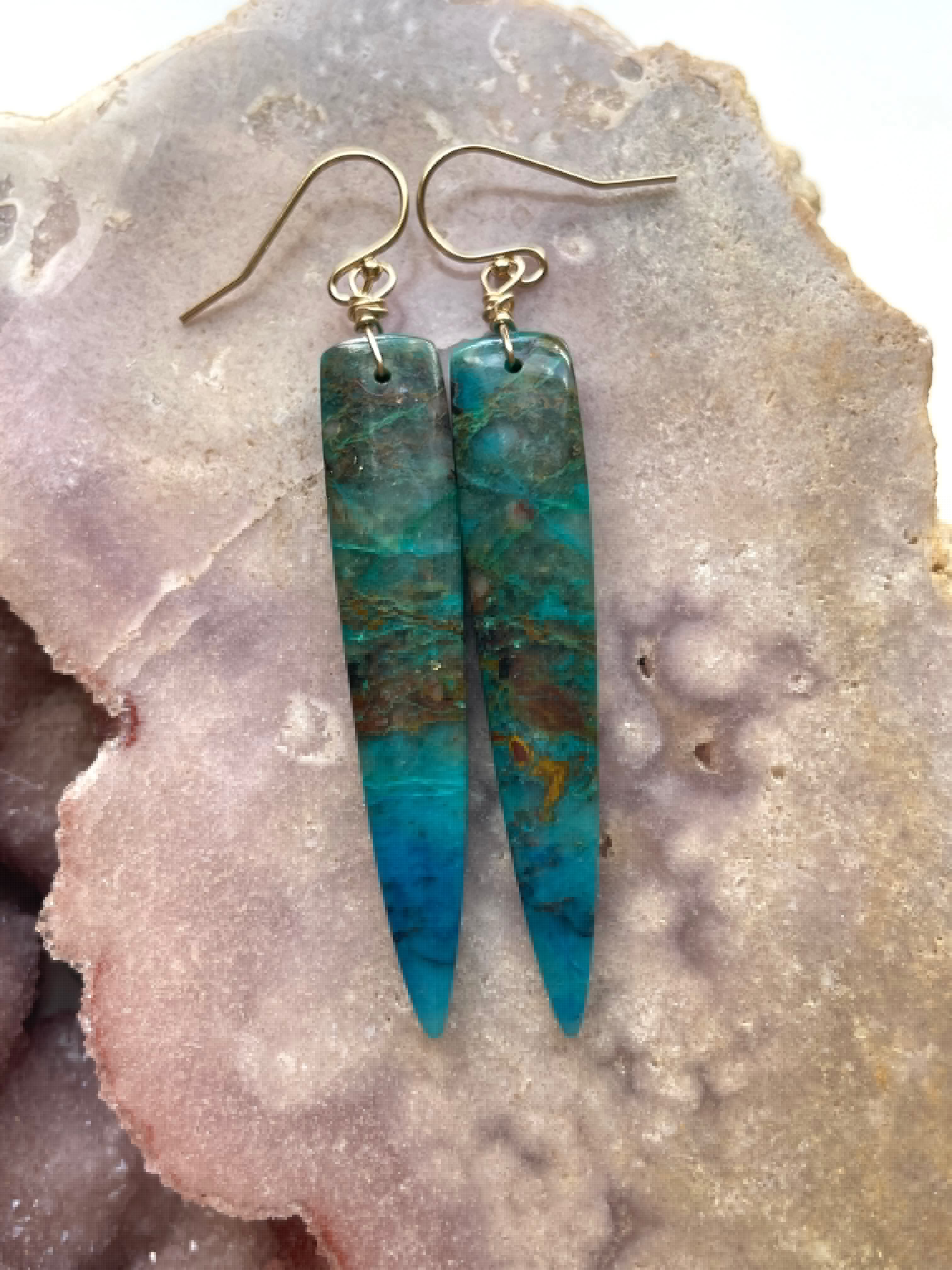 Stunning Chrysocolla Gold Filled Statement Earrings with Crystal Gemstones | Elegant Jewelry for Women | Perfect for Parties, Weddings & Special Occasions