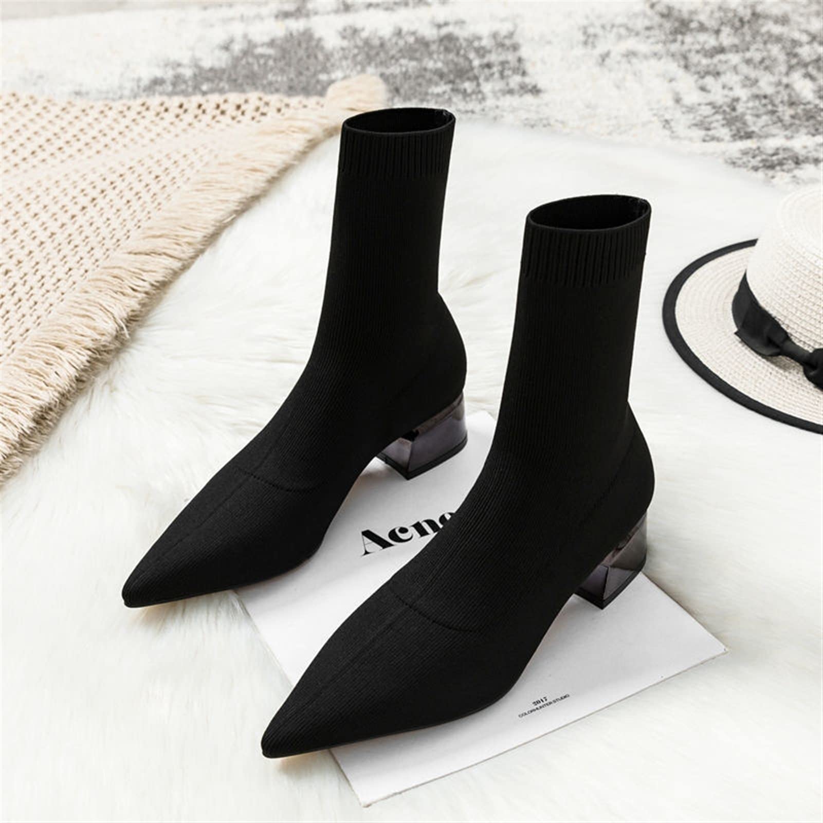 Women's Fashion Thin Boots - High Heel Pointed Toe Mid Calf Boots for Autumn & Spring | Knit Socks with Thick Heel | Black Size 6 | Perfect for Office Wear, Date Nights & Fall Fashion Outfits