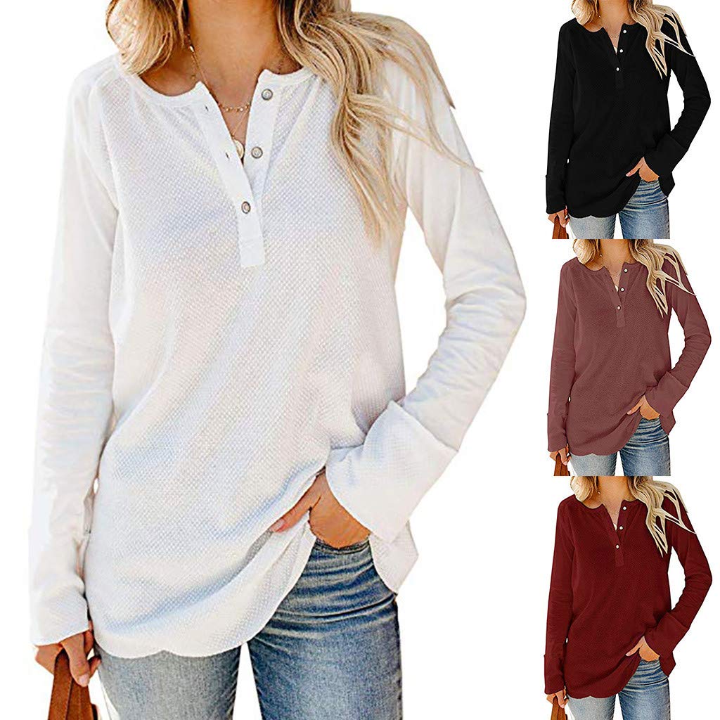 Women's Henley Sweater with Front Buttons - Waffle Knit Long Sleeve V-Neck Tunic Blouse for Casual Wear | Perfect for Office, Date Night & Fall Layering