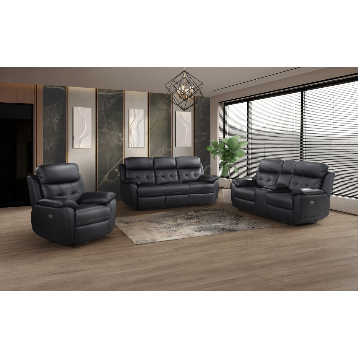 Black Leather Power Reclining Sofa with USB Ports - Modern Electric Recliner for Living Room, Home Theater & Office - Comfortable Leather Sectional Couch with Charging Stations