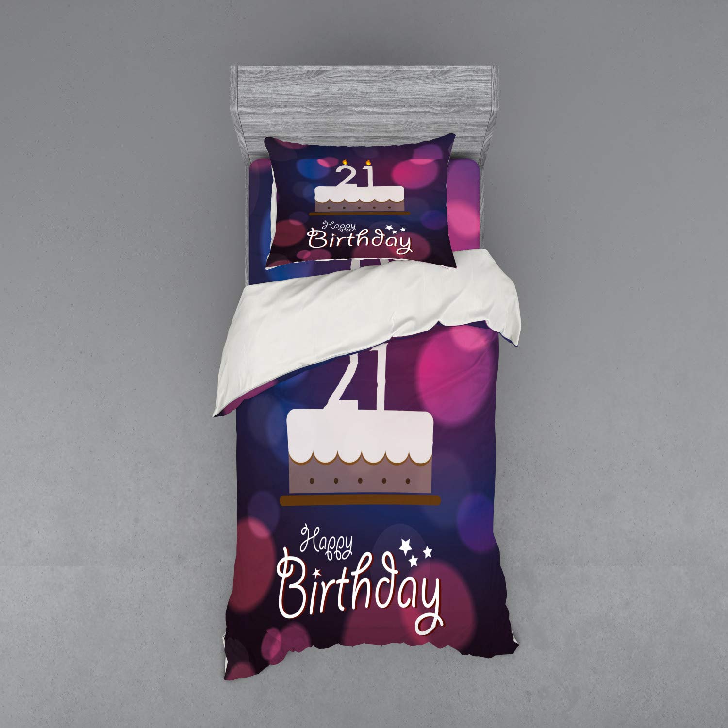 Ambesonne 21st Birthday Duvet Cover Set - Happy Birthday Stars Design in Pink & Purple Abstract, 3-Piece Twin Size Bedding with Sham & Fitted Sheet (Eggplant Purple) - Perfect for Birthday Gifts & Teen Bedroom Decor