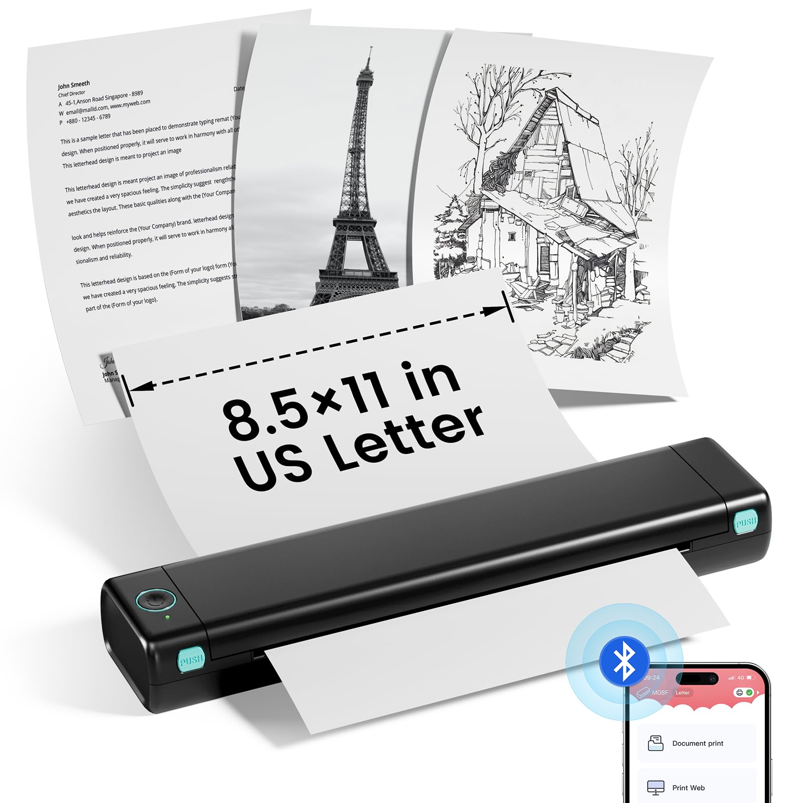 Portable Wireless Thermal Printer M08F - Bluetooth & USB-C Compatible for Phone, Tablet, PC - Print 8.5x11