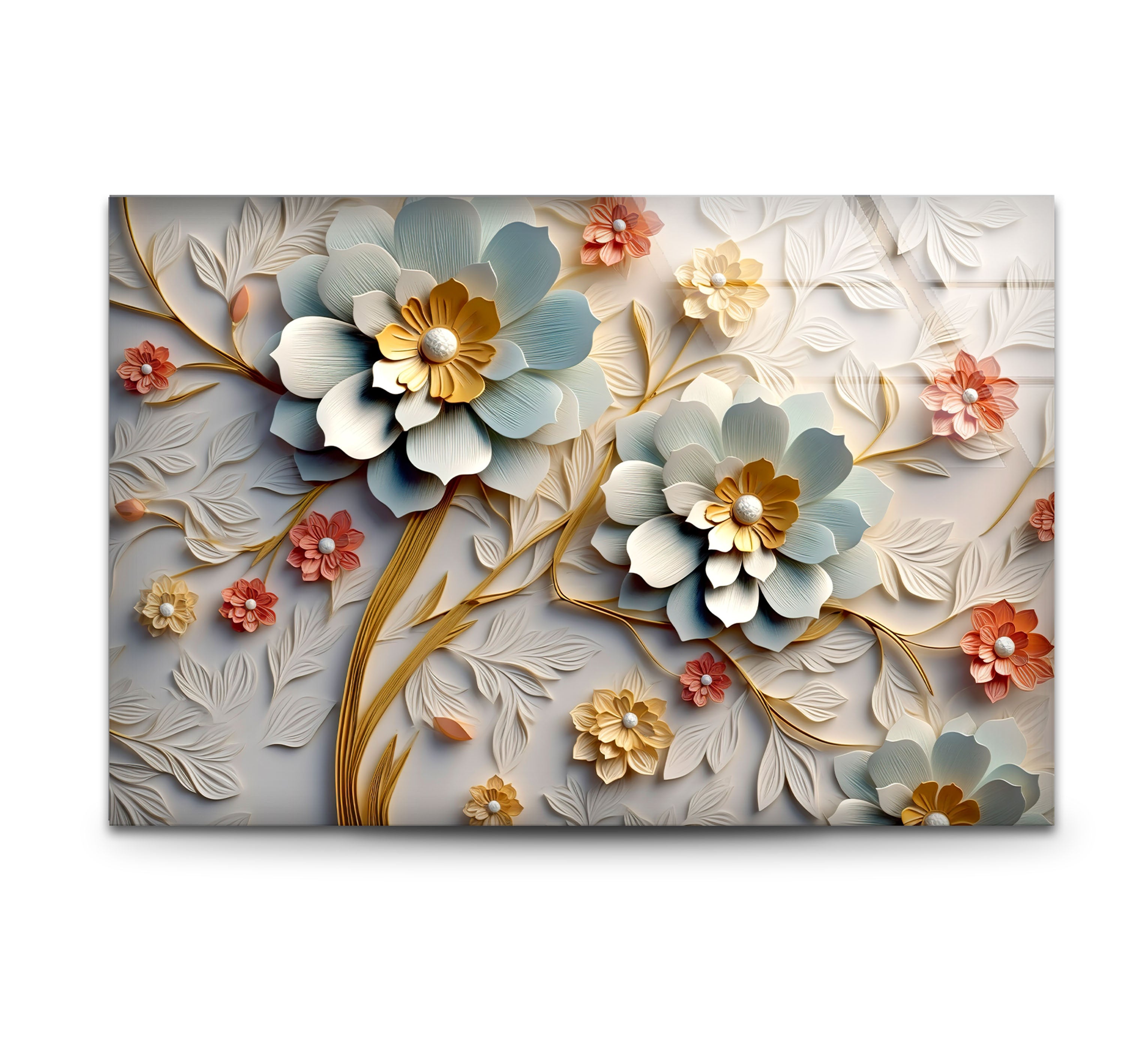 3D Blooming Flower Wall Art - Elegant Embossed Glass Floral Print for Home Decor, Living Room, Bedroom, Office | Modern Botanical Wall Decor for Interior Design
