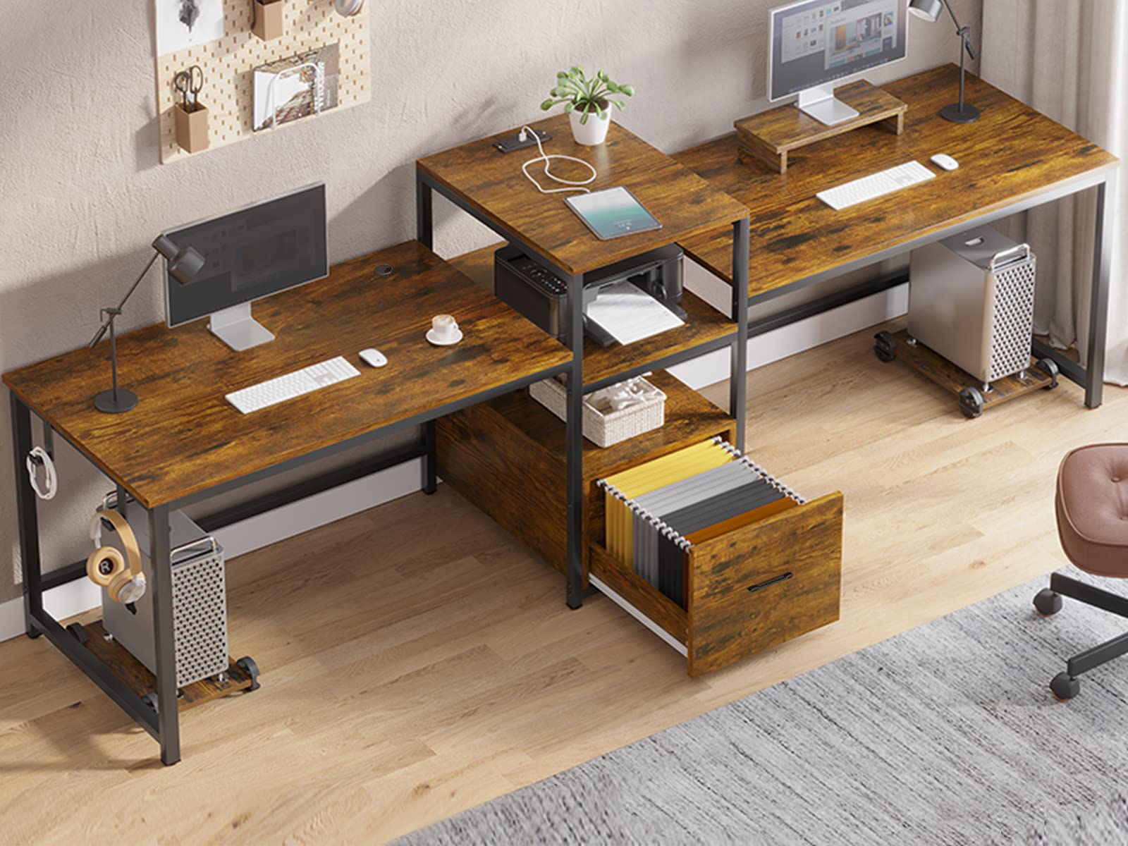 SEDETA 98 Inch Large Home Office Desk for 2 People - Rustic Brown Computer Desk with Storage Drawer, USB Power Strip, Printer Shelf & Monitor Stand - Perfect for Shared Workspace, Gaming Setup or Study Room