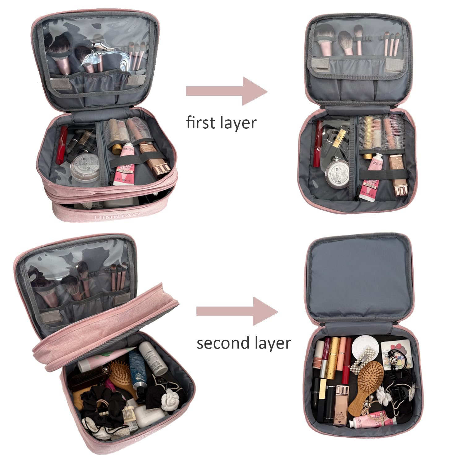 Portable Travel Makeup Bag with Handle & Adjustable Dividers - Double Layer Cosmetic Organizer with Brush Storage - Pink Small Makeup Pouch for Women | Perfect for Travel, Gym & Daily Beauty Essentials