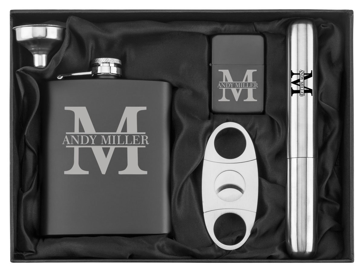 Personalized Stainless Steel Flask Gift Set with Engraved Initials - 7 oz Flask, Funnel, Cigar Cutter & Lighter - Perfect for Weddings, Birthdays & Father's Day Gifts