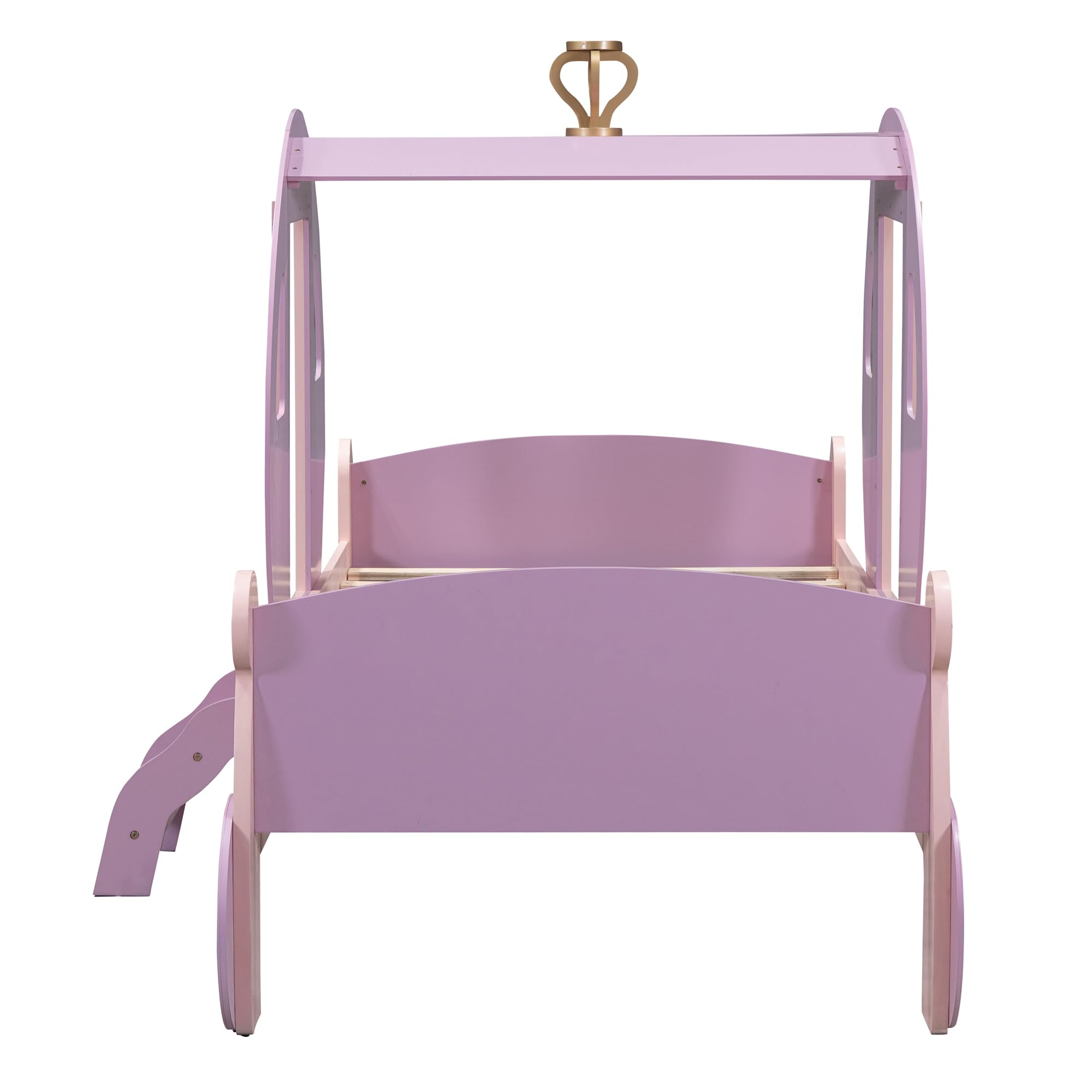 **Royal Princess Carriage Twin Bed for Girls - Wooden Platform Bed Frame with Crown & Stairs - Purple & Pink Kids Bedroom Furniture - Perfect for Princess-Themed Bedrooms & Sleepovers**