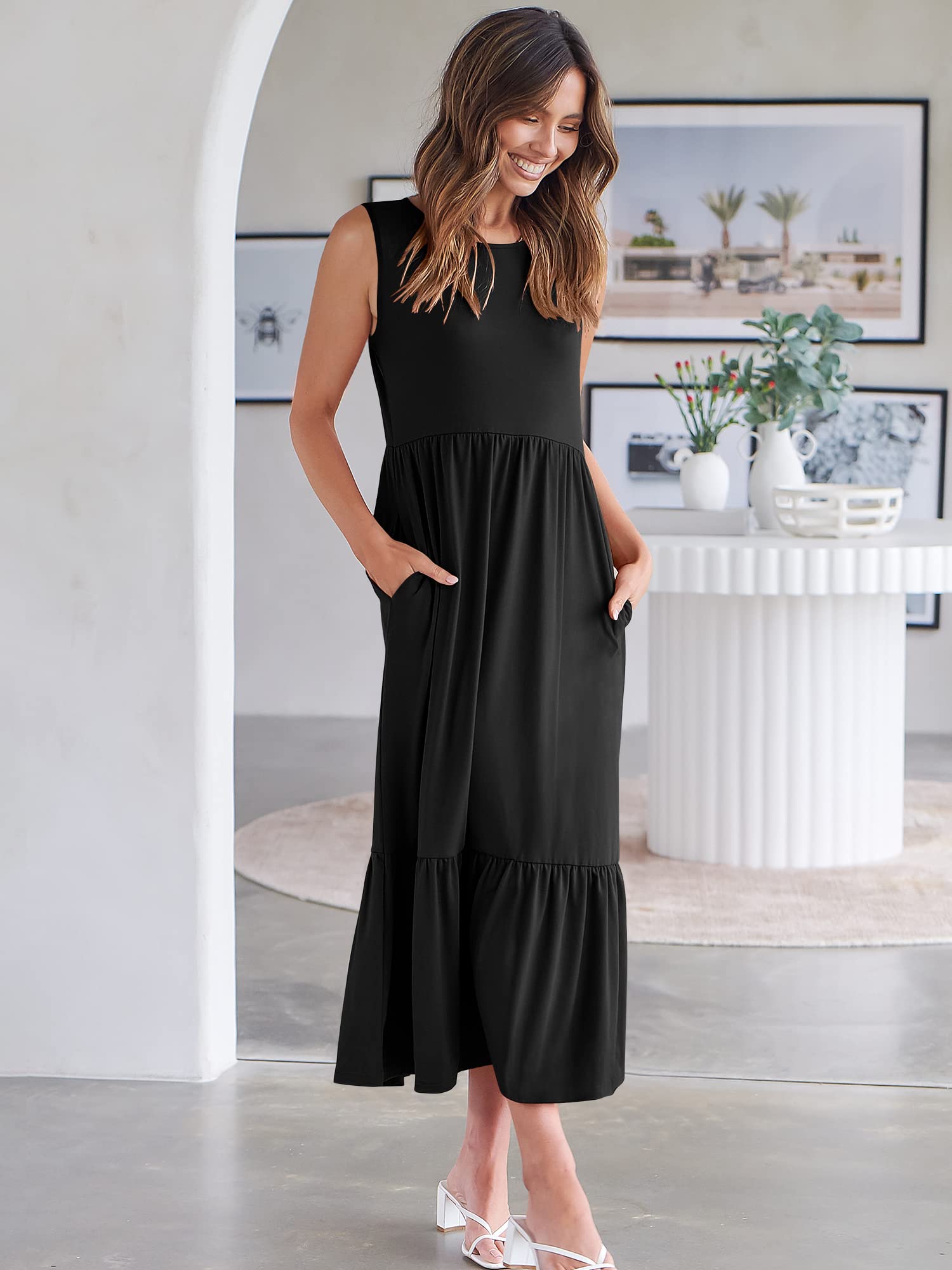 ANRABESS Women's Summer Sleeveless Crewneck Sundress - Flowy A-Line Tiered Maxi Beach Dress for Vacation, Casual Wear & Outdoor Activities