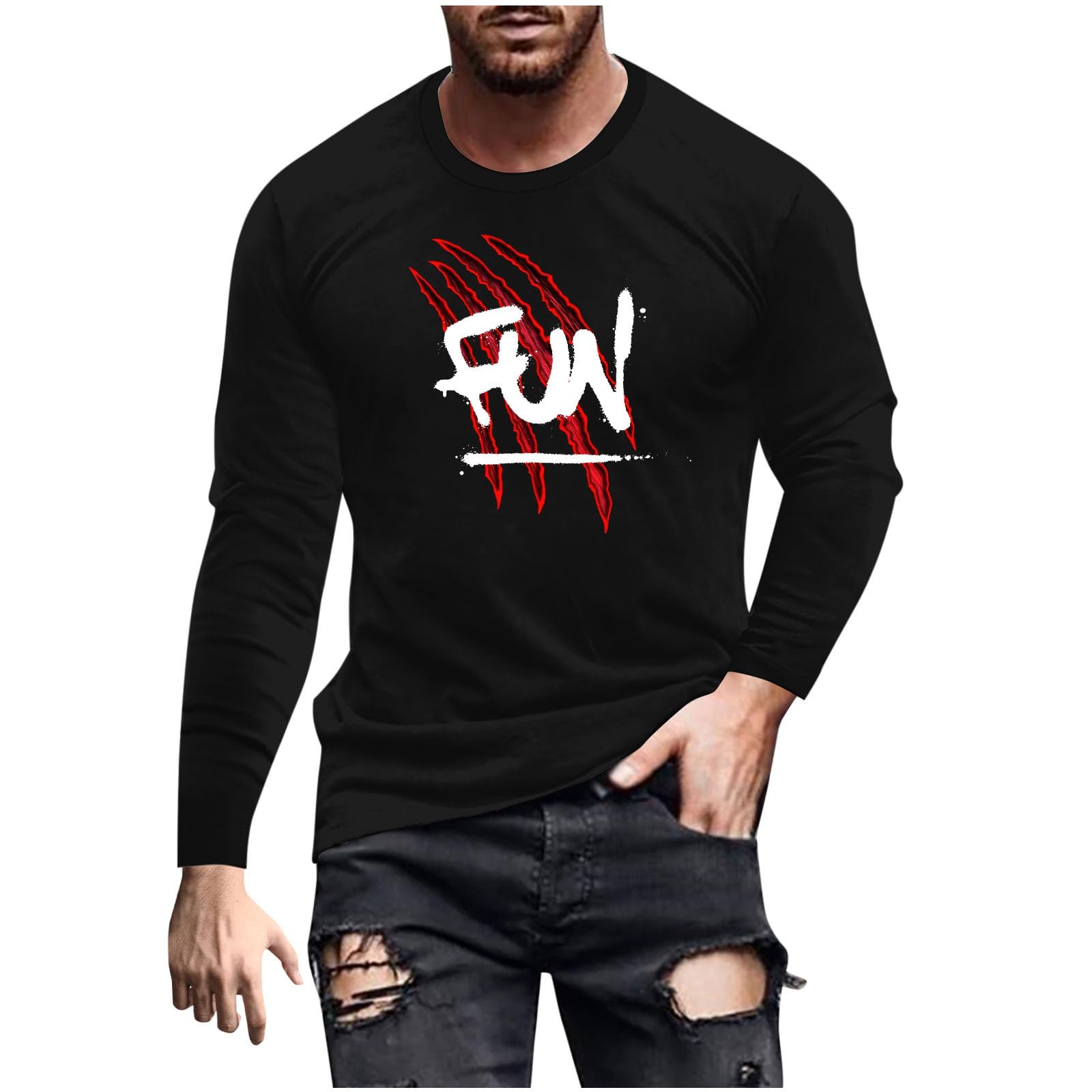 Men's Halloween Long Sleeve T-Shirt - Bloody Graphic Novelty Streetwear Top for Costume Parties & Spooky Events | Funny Horror Theme Shirt