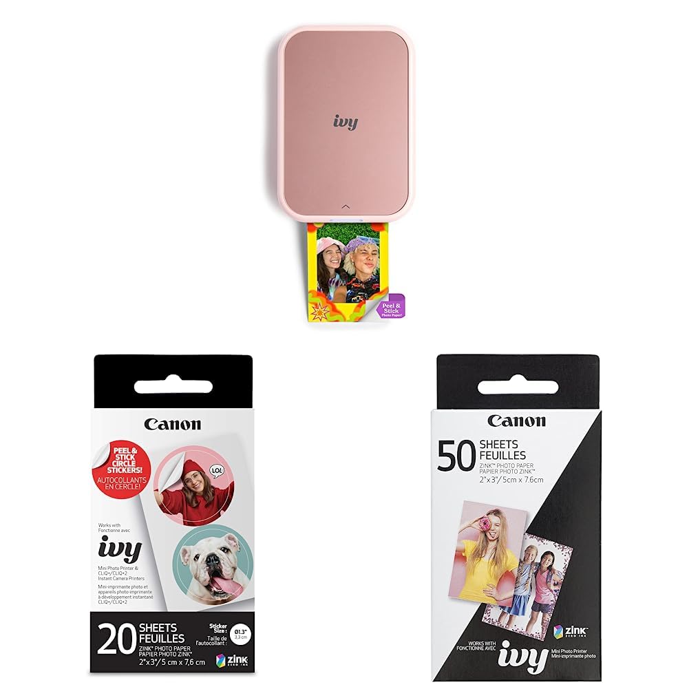 Canon Ivy 2 Mini Photo Printer - Wireless Portable Printer for iOS & Android | Print Sticky-Back Photos & Zink Stickers | Includes 20 Pre-Cut Circle Stickers & 50 Sheets Photo Paper | Perfect for Scrapbooking, Travel Memories & Instant Photo Sharing