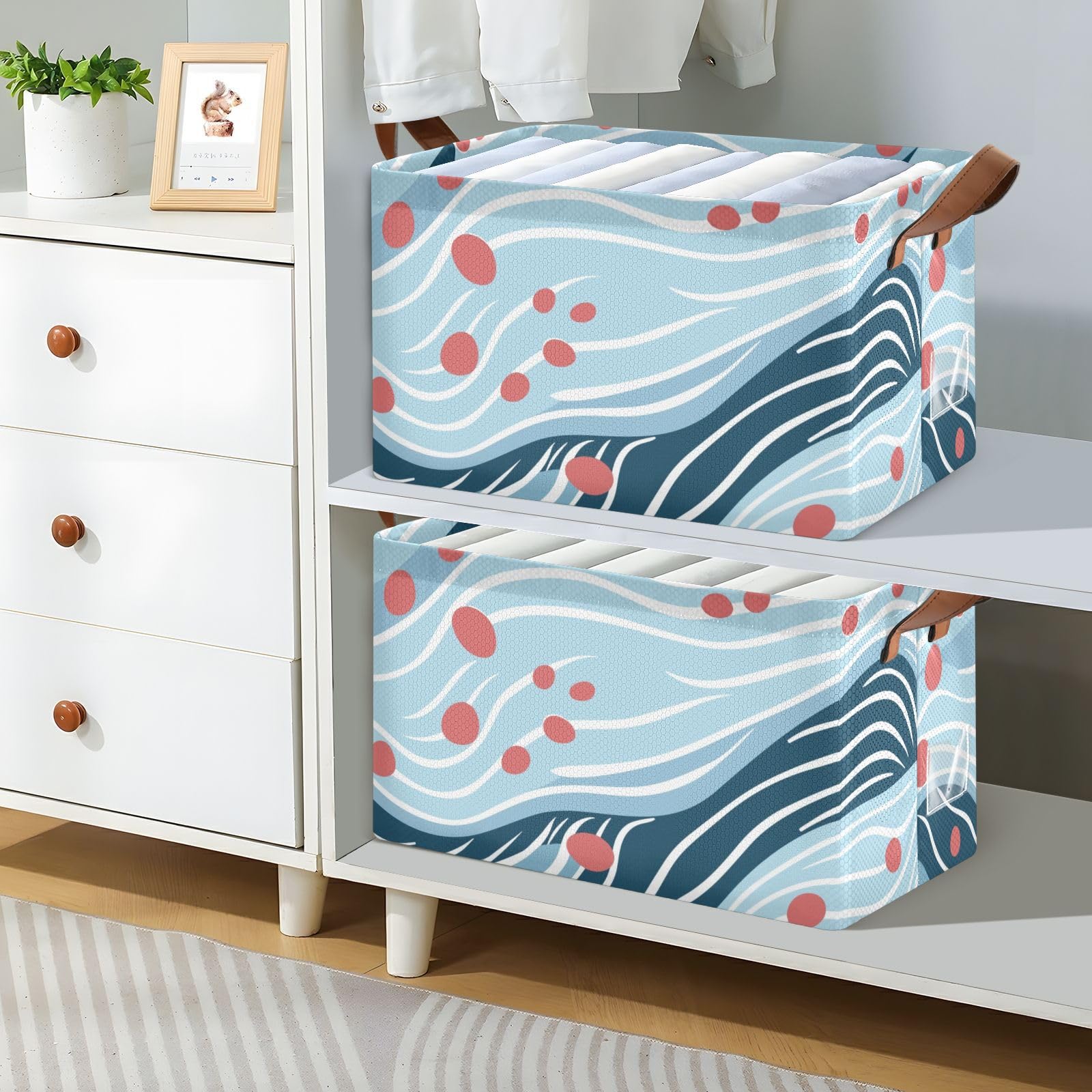 Blue & Red Dots Fabric Storage Bins with Handles - 2 Pack Collapsible Closet Organizers for Shelves, Wardrobe & Home Organization | Perfect for Bedroom, Nursery & Office Storage Solutions