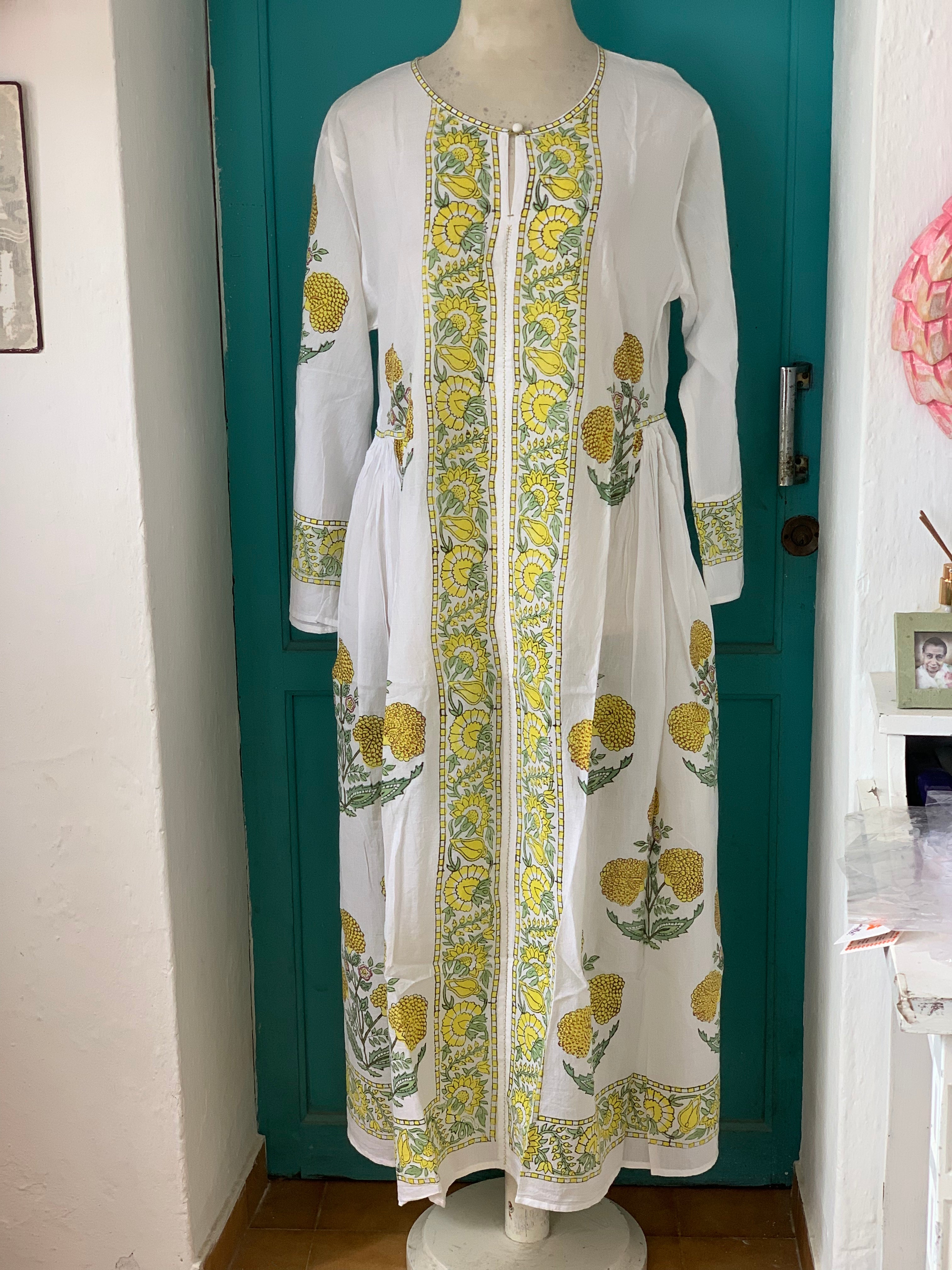 Handmade Mughal Block Print Dress with Yellow Floral Design - Perfect for Festivals, Weddings & Cultural Events