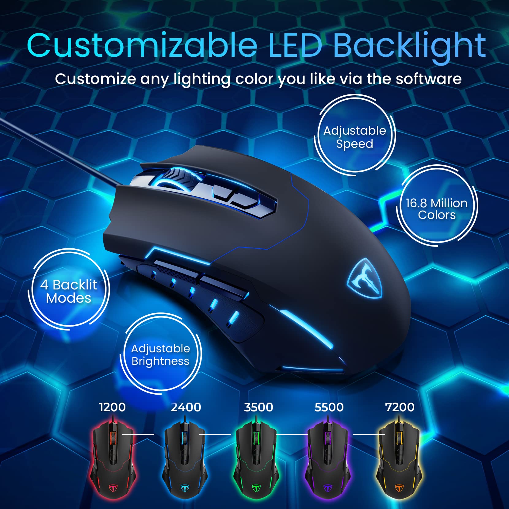 Premium Wired Gaming Mouse - Ergonomic RGB Backlit (16M Colors), 7 Programmable Buttons, Adjustable DPI up to 7200 - Perfect for PC, Laptop, Mac (Windows Compatible) - Ideal for FPS, MOBA & MMO Gaming - Black