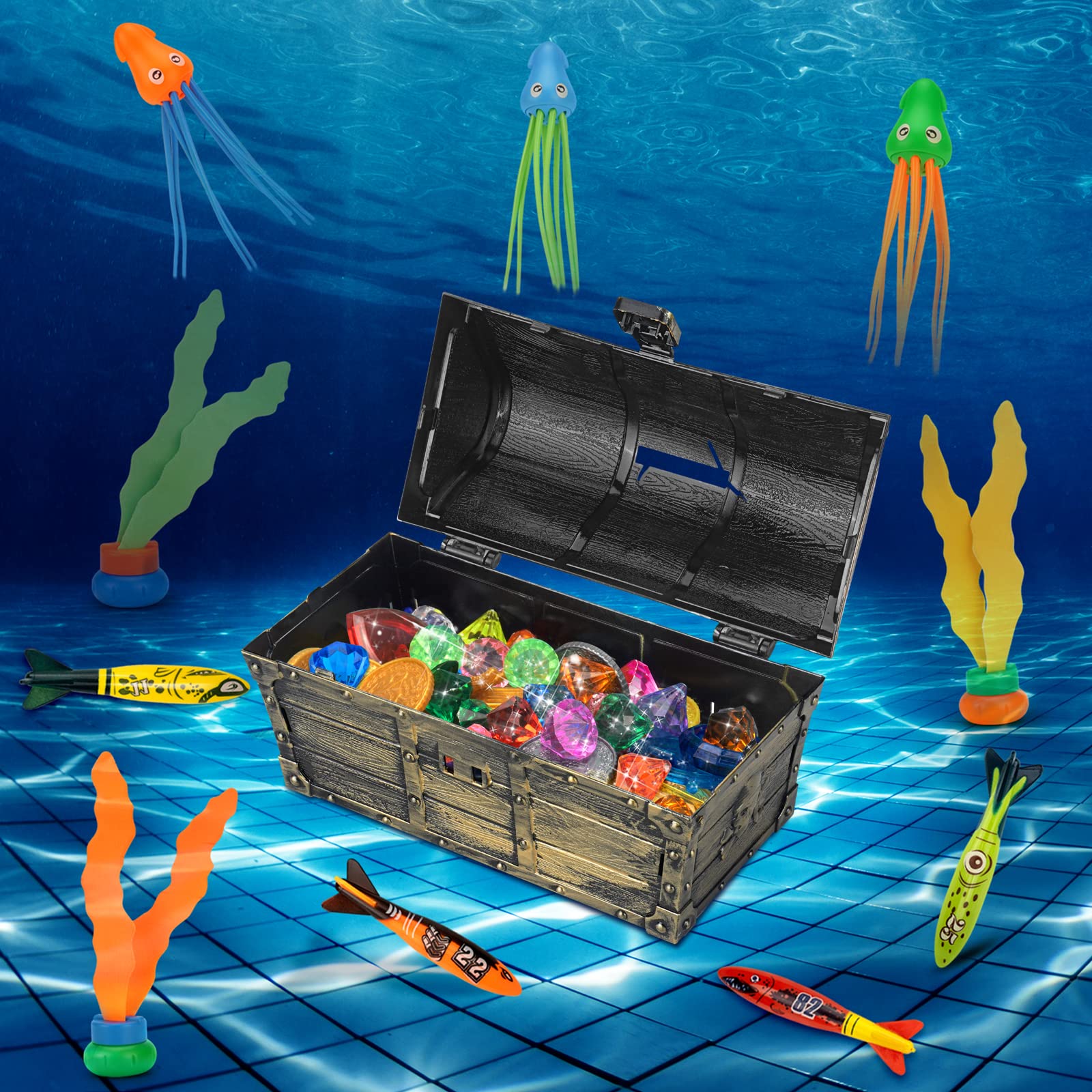 **58Pcs Pool Diving Toys Set with Treasure Chest, Torpedoes, Gems & More - Fun Underwater Adventure for Kids 3+ (Bronze) - Perfect for Pool Parties, Summer Fun & Swimming Games**