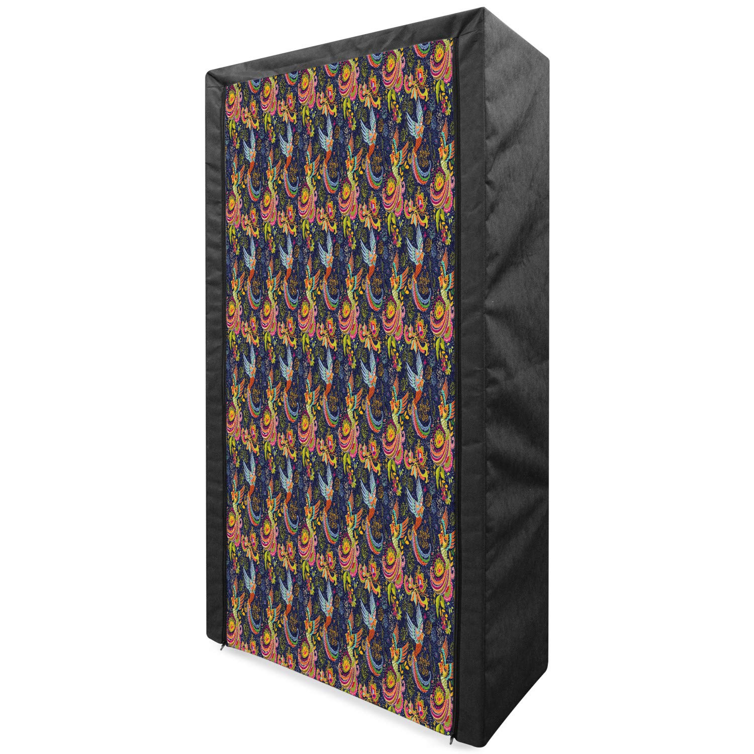 Ambesonne Asian Portable Fabric Wardrobe - Cartoon Style Abstract Birds Floral Print Traditional Polka Dots Foliage Design | 33.5 Inch Clothing Organizer & Storage Closet with Shelves | Multicolor | Perfect for Bedroom, Dorm, Apartment, and Small Space Organization