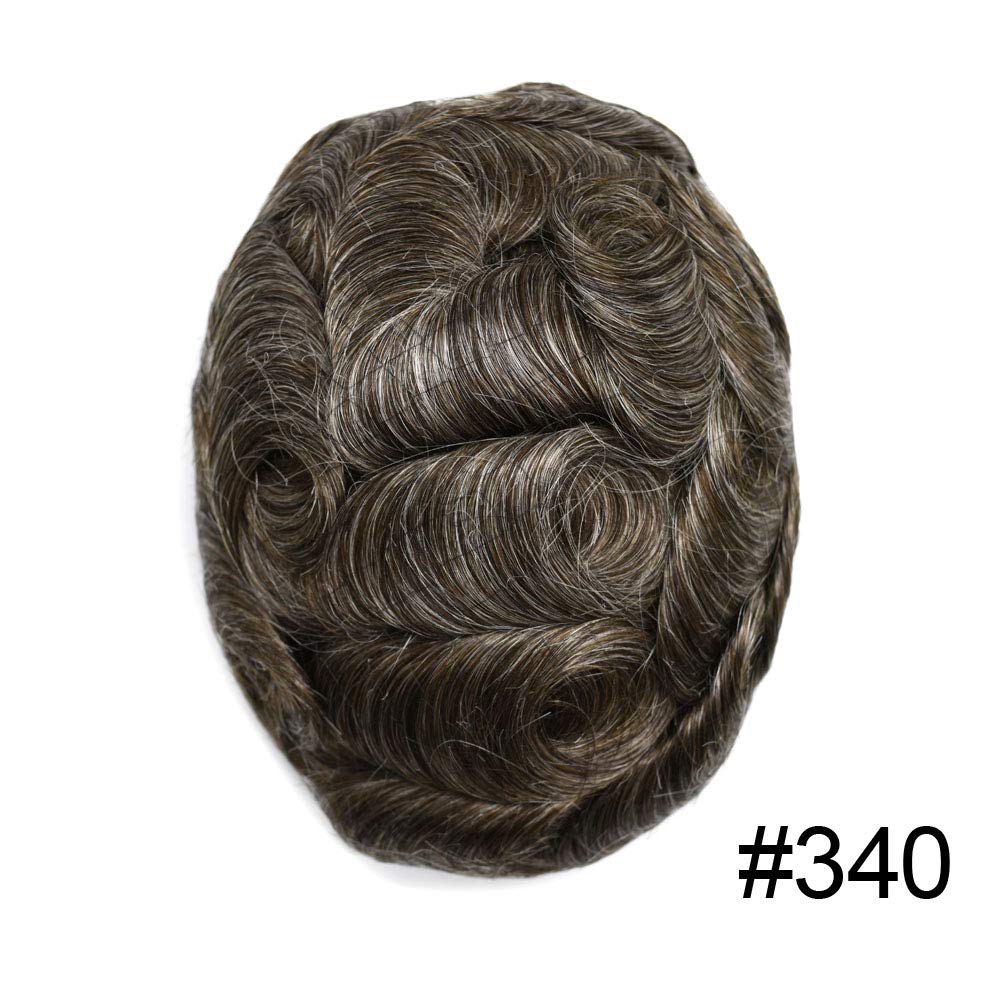 Premium 0.04mm Super Thin Skin Toupee for Men - V-Looped Human Hair Replacement System with 40% Synthetic Grey (Dark Brown #340 3#) - Natural Looking Hairpiece for Daily Wear & Special Occasions