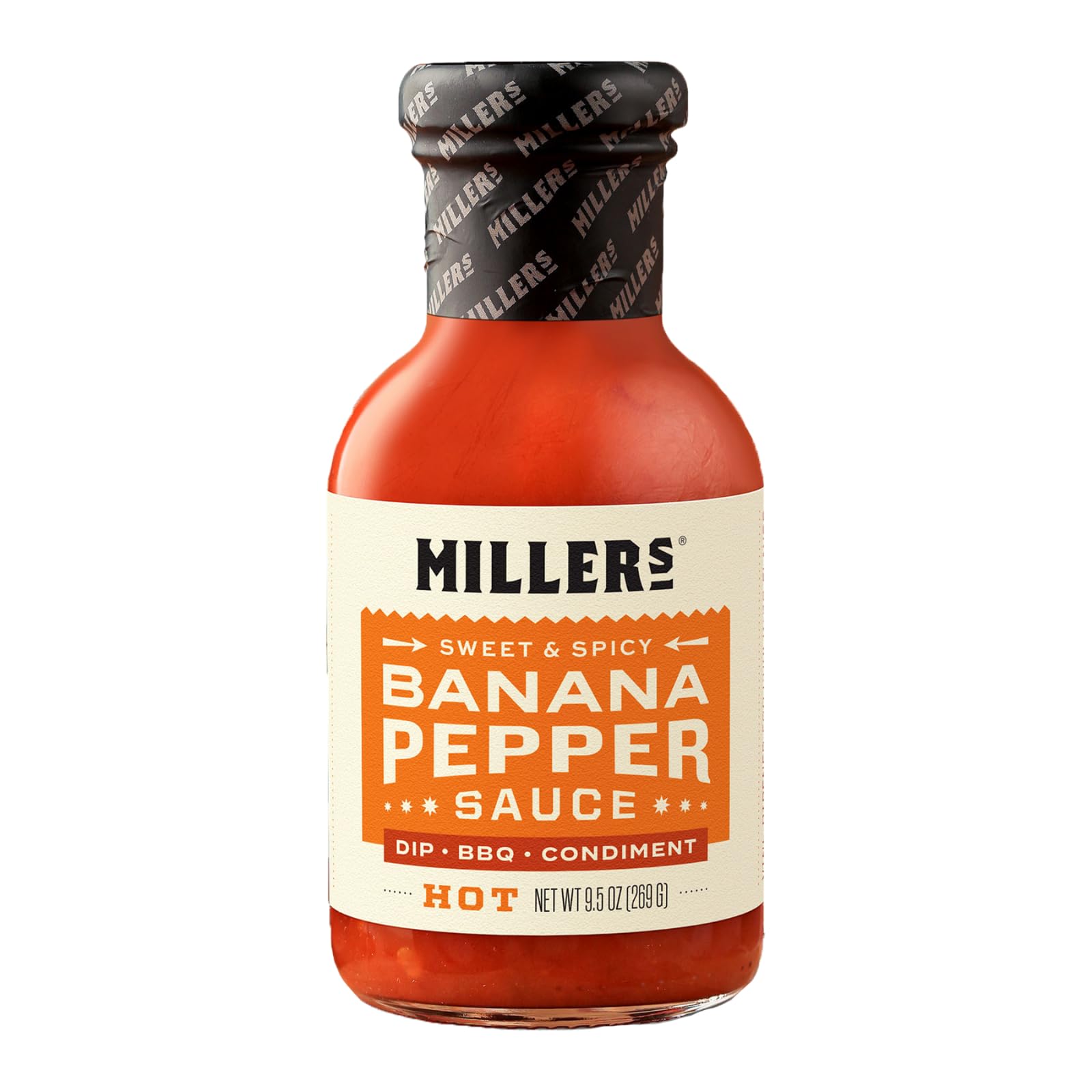 Miller's Mustard - Sweet & Spicy Banana Pepper Hot Sauce with Red Mustard | Perfect for Chicken Wings, Burgers, Sandwiches & Dips | 9.5 oz Bottle | Gourmet Condiment for BBQ, Grilling & Snacking