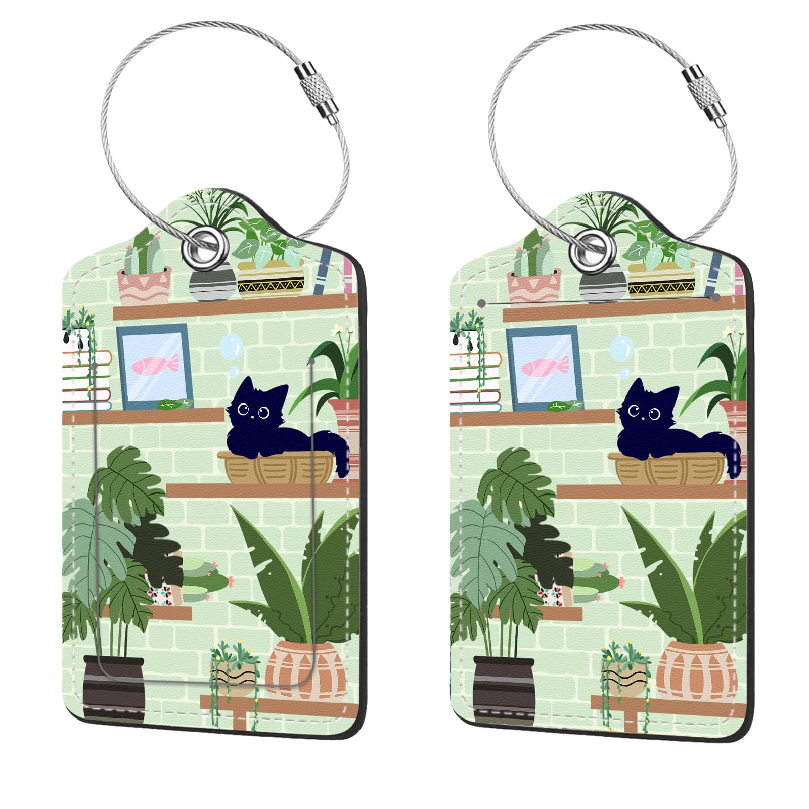 2 Pack Cute PU Leather Luggage Tags for Suitcases - Unique Travel Bag ID Tags with Privacy Cover, Address Card & Durable Metal Ring - Perfect for Men, Women & Kids Backpacks (Cat Design) - Ideal for Air Travel, Vacation & Business Trips
