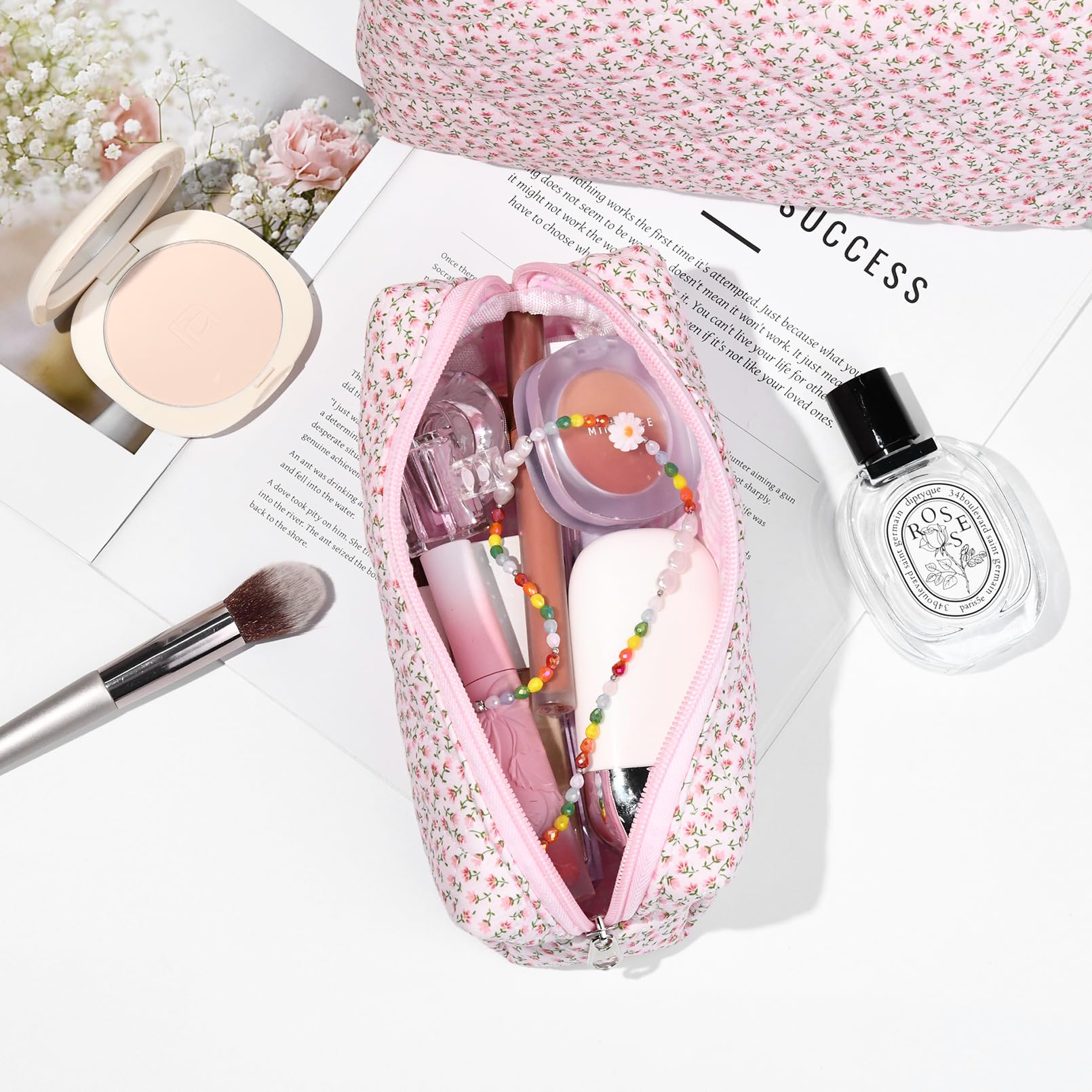 SOIDRAM 2 Pack Floral Quilted Makeup Bag - Large Cotton Cosmetic Pouch for Women & Girls, Aesthetic Cute Toiletry Travel Organizer | Perfect for Glossier Storage, Vacation Essentials & Gift Giving