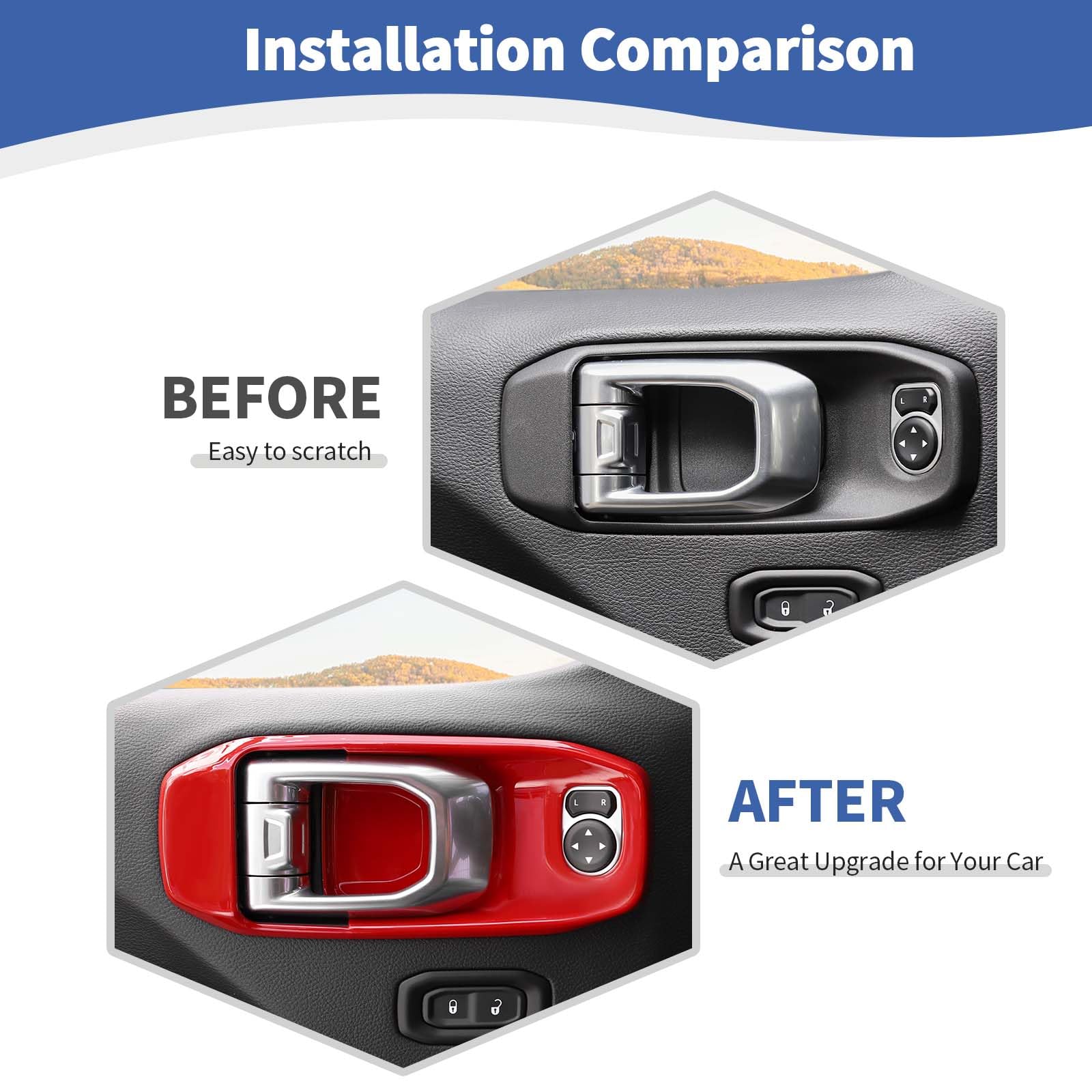 Jeep Wrangler JL JLU & Gladiator JT Inner Door Handle Bowl Cover Trim (2018-Up) - Red Interior Accessories Set of 4 - Upgrade Your Ride's Interior Style for Off-Road Adventures & Daily Commuting
