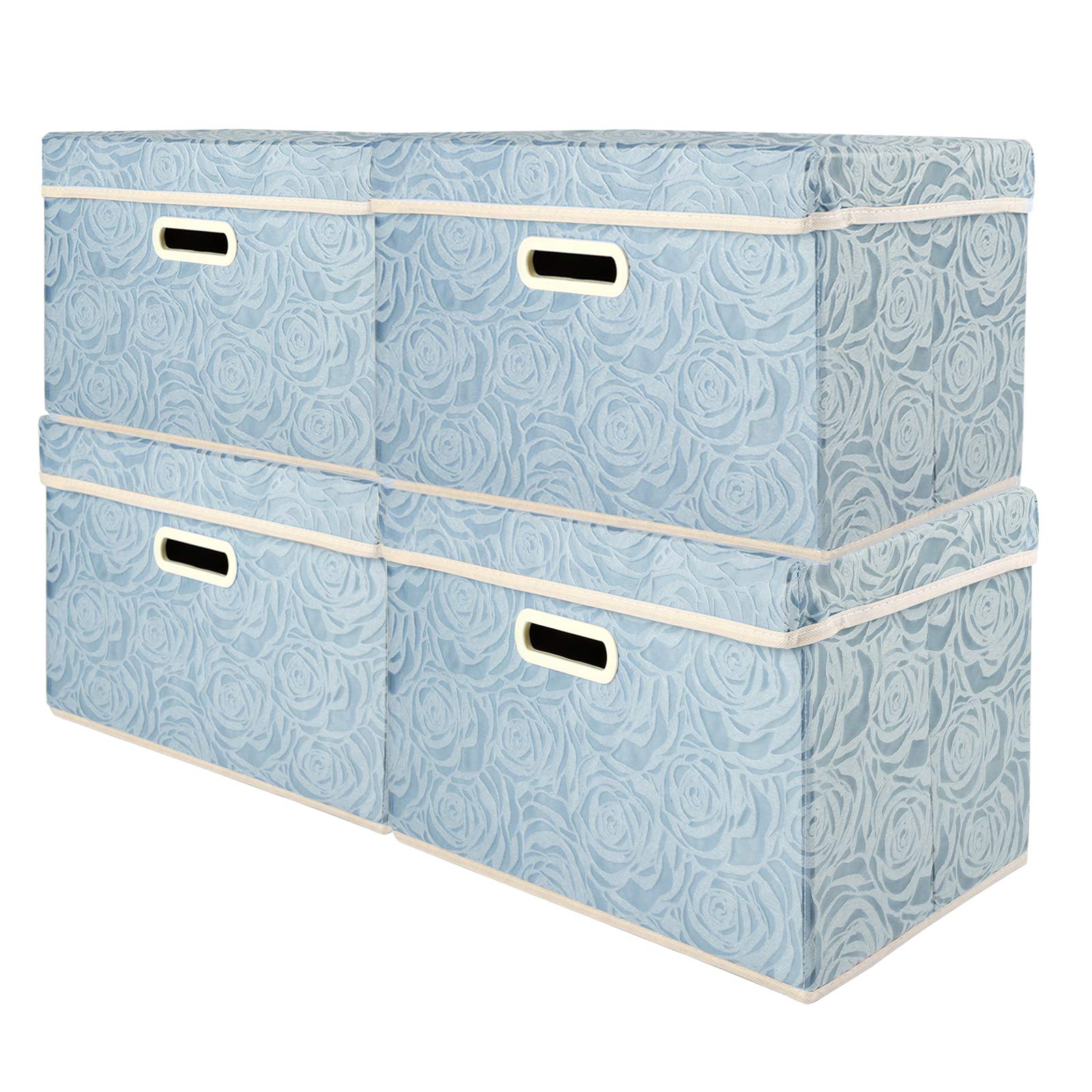 Lucky Monet 4-Pack Large Foldable Fabric Storage Bins with Lids & Handles - Rose Pattern Organizer Cubes for Home, Office & Closet (14.9