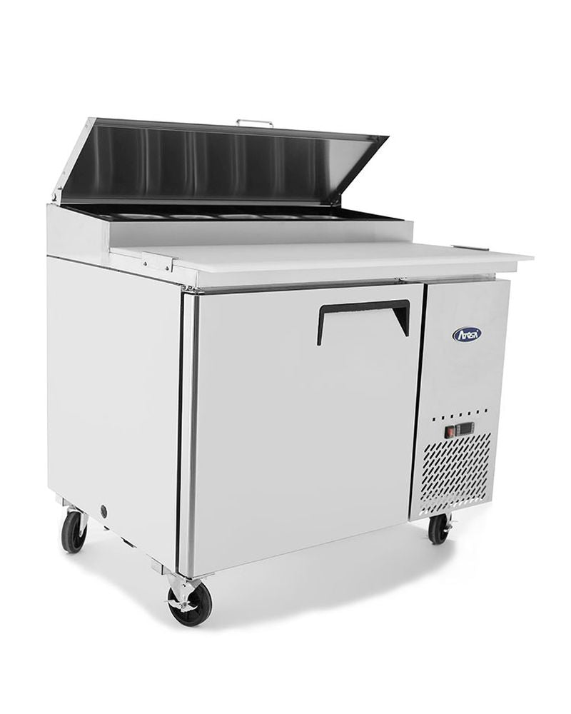 Atosa MPF8201 Commercial Single Door Pizza Prep Table Refrigerator - Stainless Steel Work Surface with Under Counter Storage for Restaurants, Pizzerias, and Catering Businesses