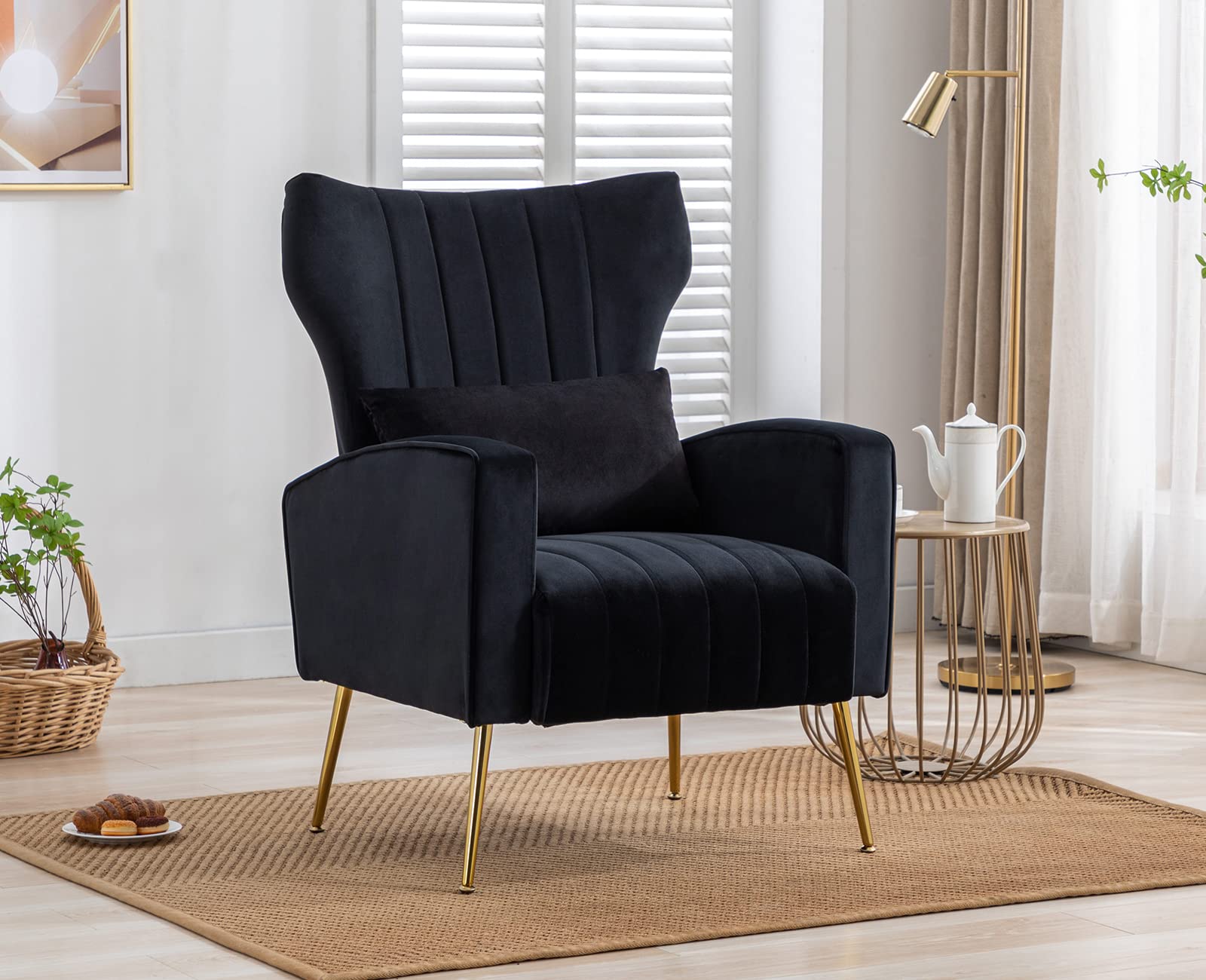 Kmax Velvet Accent Chair - Mid-Century Modern Armchair with Gold Metal Legs & Wingback Design, Includes Soft Pillow (Set of 2, Black) - Perfect for Bedroom Seating, Living Room Decor, Vanity Area & Cozy Reading Nook