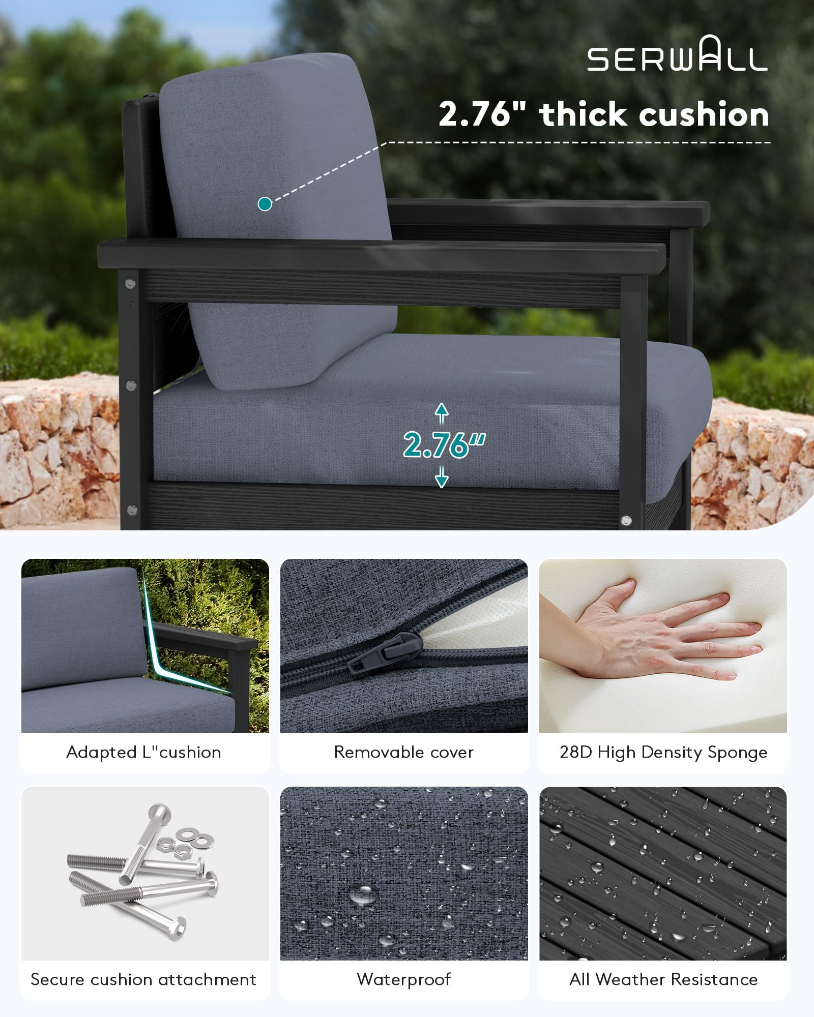 SERWALL 8-Piece Outdoor Patio Furniture Set - All-Weather HDPE Conversation Sofa with Cushions, Loveseat & Coffee Table - Black Frame & Gray Cushions - Perfect for Backyard, Garden, Poolside & Outdoor Entertaining