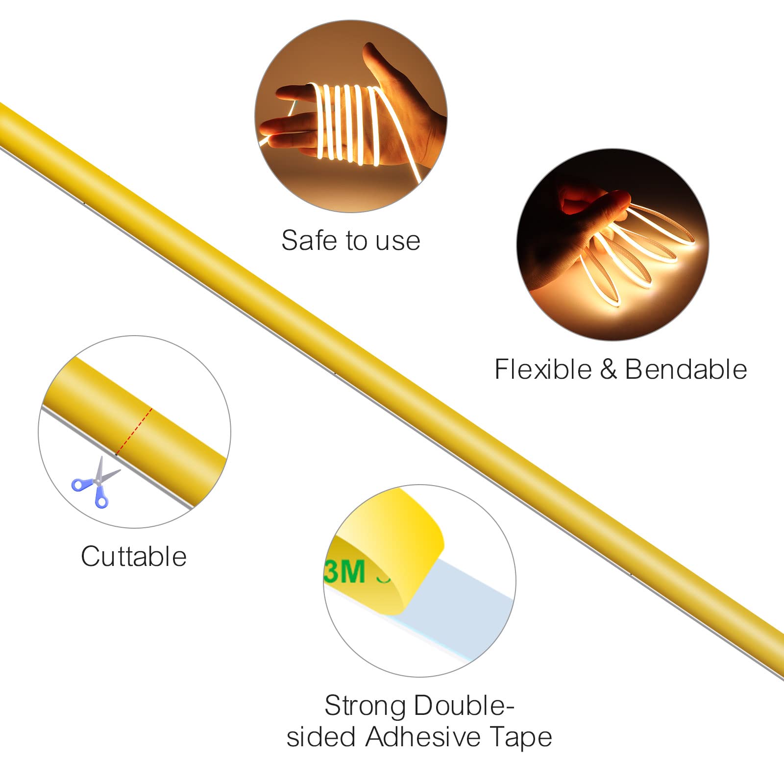 24V COB LED Strip Lights 16.4ft - Ultra Narrow 5mm Golden Yellow LED Tape with 3840 LEDs - High Brightness Dotless Dimmable Flexible Ribbon for Indoor, Hotel, Home, Christmas Decor - Perfect for Accent Lighting, Under Cabinet, Ceiling, and Party Decorations (No Power Supply)
