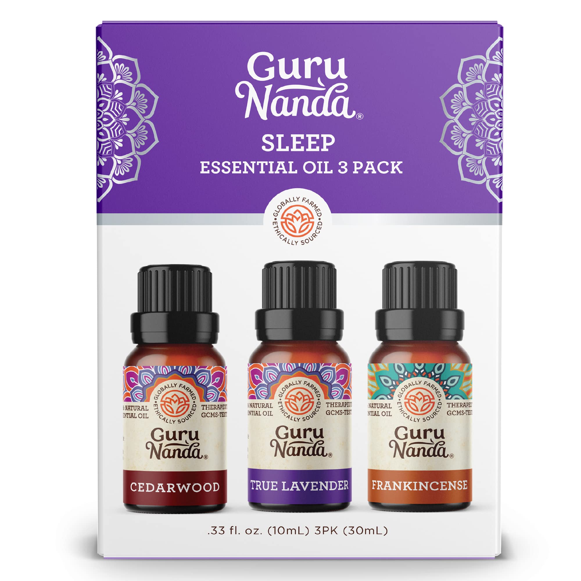 GuruNanda Sleep Essential Oil Set - 3 x 0.34 Fl Oz 100% Pure Natural Cedarwood, Frankincense & Lavender Aromatherapy Oils for Diffuser, Massage & DIY - Relaxation, Stress Relief & Better Sleep for Home, Spa & Meditation