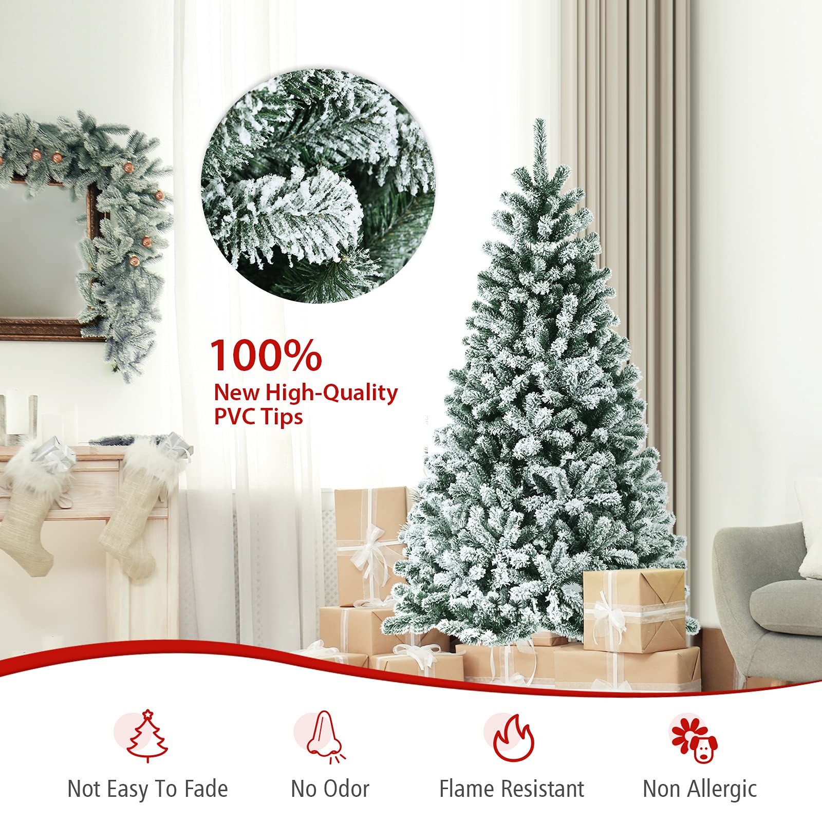 GOFLAME 6FT Pre-lit Artificial Christmas Tree with 250 Warm White LED Lights - Snow Flocked Full Xmas Tree with 928 Branch Tips & Foldable Stand - Perfect for Holiday Indoor Decor in Living Room, Office, and Party Settings