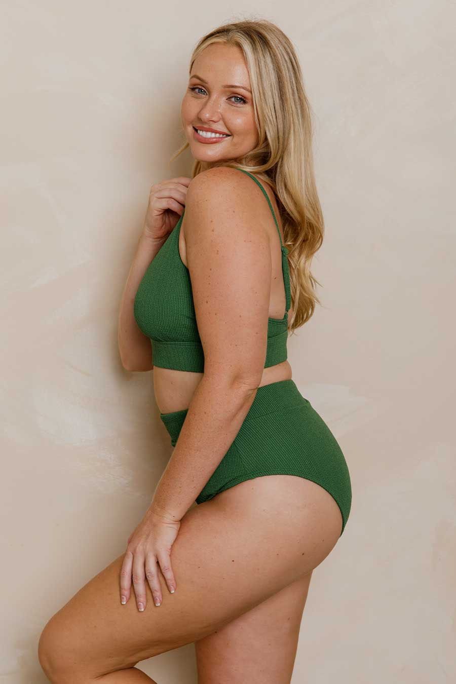 Byron High Waisted Bikini Bottom - Khaki Texture Swimwear for Women | Beach, Pool & Summer Vacation Essentials