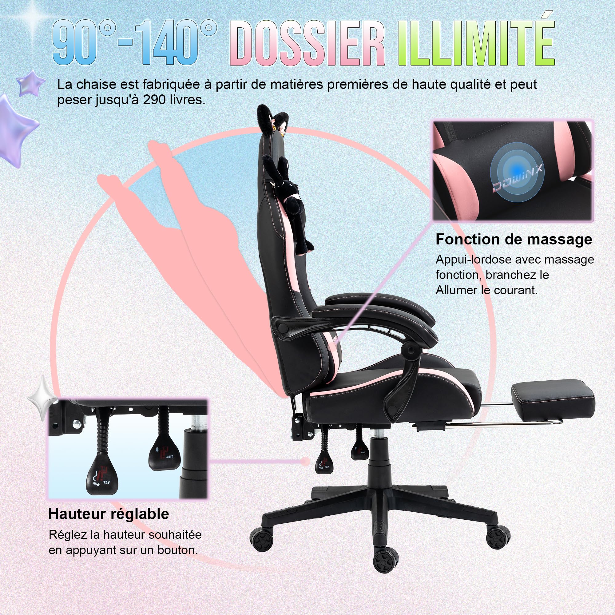 Dowinx Sweet Cat Edition Ergonomic Gaming Chair - High Back PU Leather Computer Chair with Lumbar Support & Footrest, Black - Perfect for Gaming, Office Work & Home Comfort