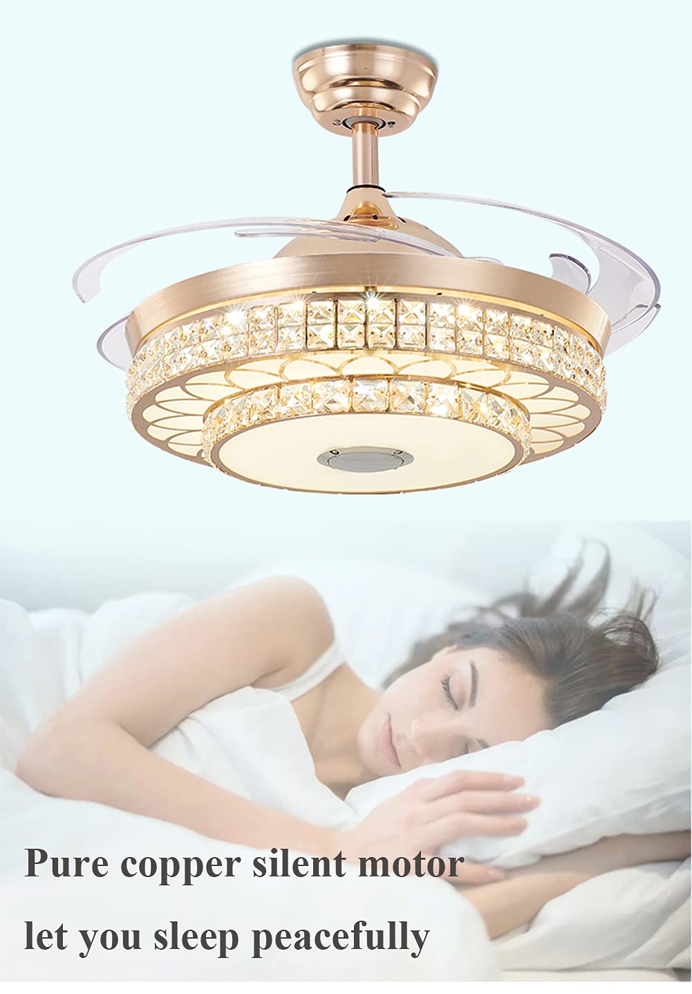 MoreChange Retractable Ceiling Fan with LED Lights - 3 Speed Settings & 3 Color Temperatures, Silent Motor, Gold Finish - Perfect for Bedroom, Living Room & Dining Room Lighting