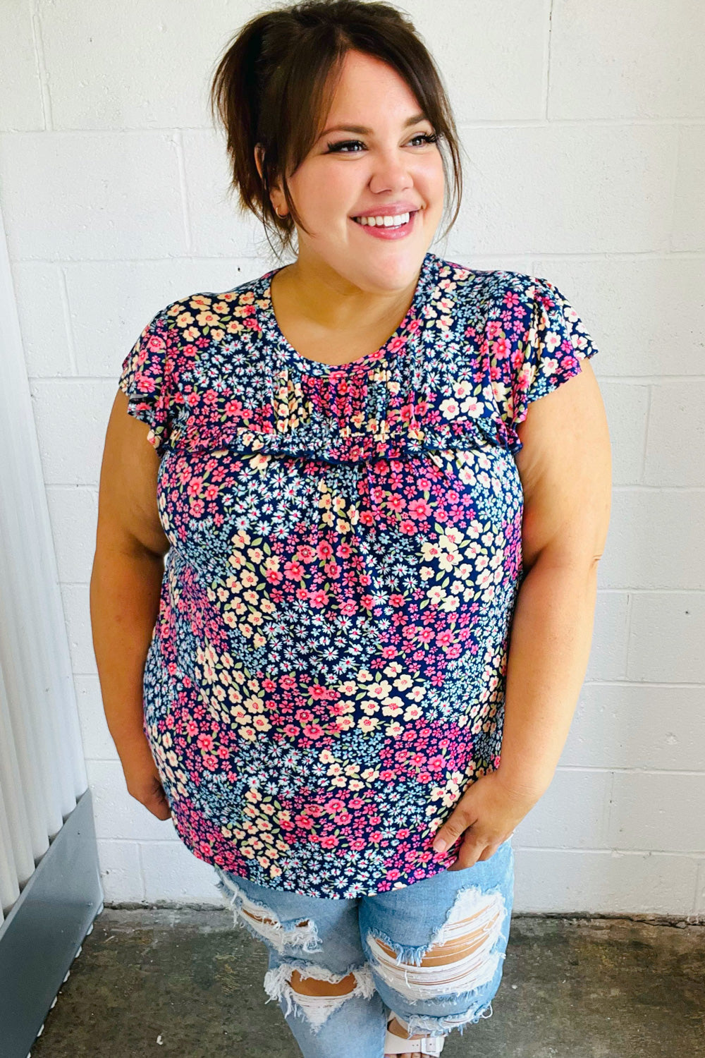 Navy Blue Floral Print Short Sleeve Blouse with Frilled Yoke - Women's Casual Summer Tops for Beach, Vacation & Date Night Outfits