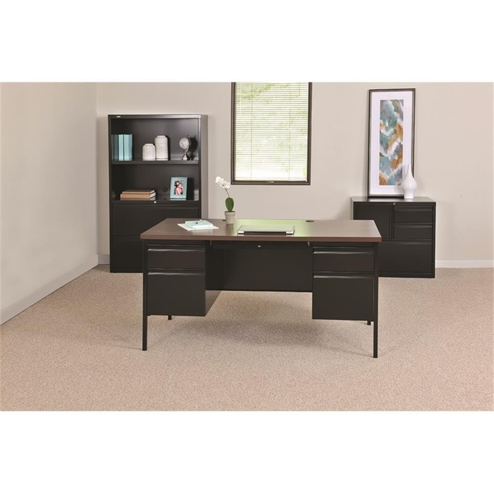 Pemberly Row Double Pedestal Metal Office Desk with Center Drawer - Black/Walnut Finish - Modern Home Office & Workspace Desk for Professionals & Students