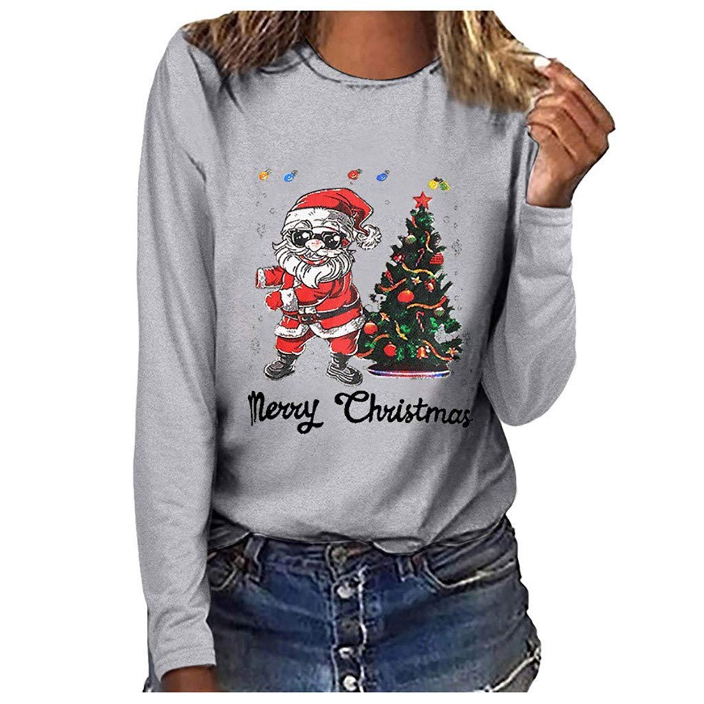 Wocachi Women's Christmas Santa Elk Print Sweatshirt - Casual Round Neck Pullover Top, Plus Size Holiday Flannel, Star Aesthetic Sunshine Apparel for Family Gatherings, Daily Wear, Beach Outings & Cozy Winter Fashion