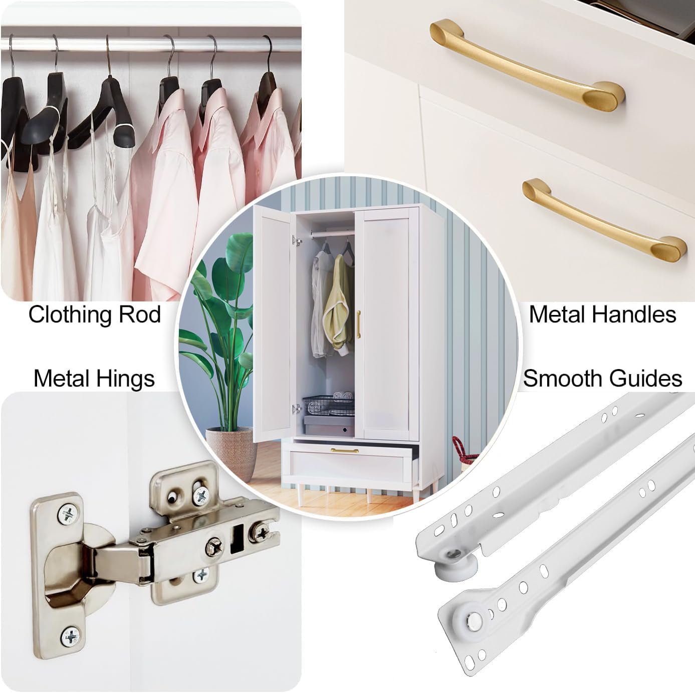 60 Inch White Modern Armoire Wardrobe Closet with Hanging Rod & Drawers - 2 Door Storage Cabinet for Bedroom Clothes Organization | Perfect for Small Spaces & Master Bedrooms