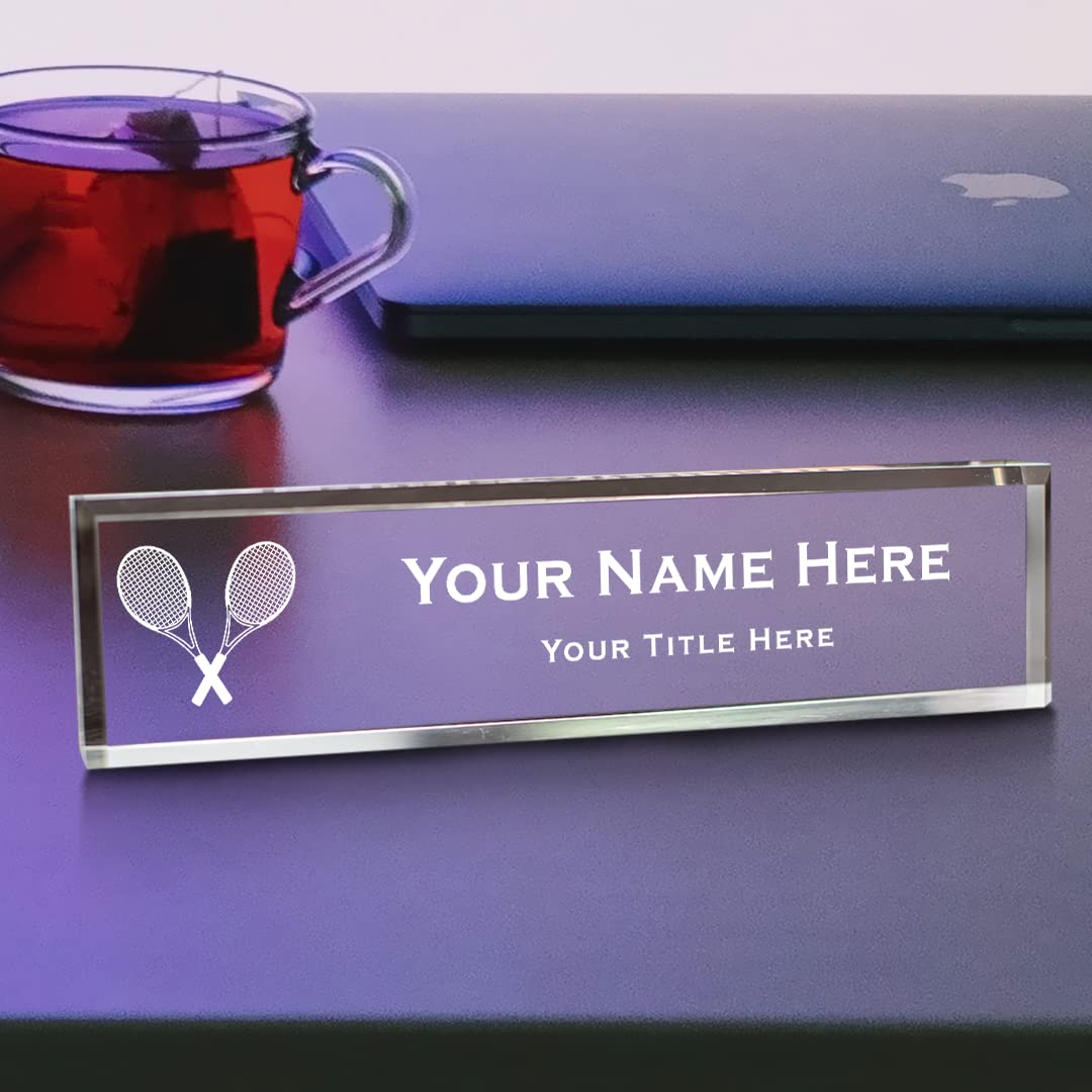 Personalized Tennis Acrylic Desk Sign with Racket Design - 2 x 10 Inch Custom Name Plate - Perfect for Office Decor, Sports Lover Gift & Tennis Coach Appreciation