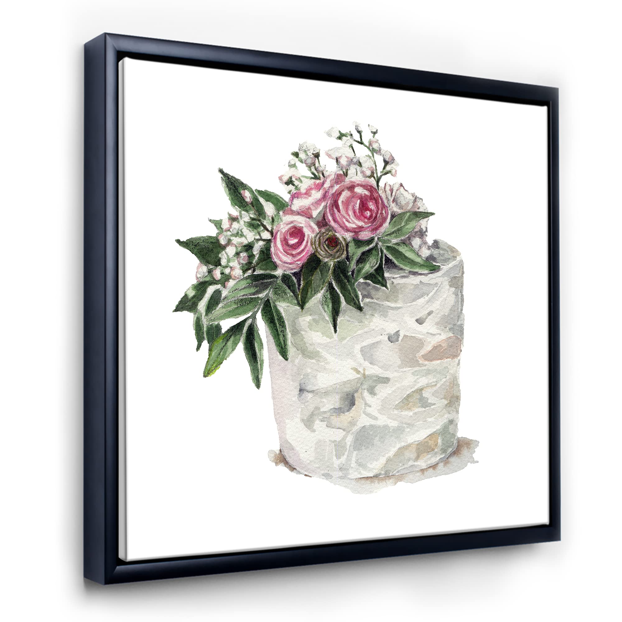 DesignQ Pink Roses and White Flowers on Cake - Traditional Framed Canvas Wall Art Print for Home Decor, Living Room, Bedroom & Office