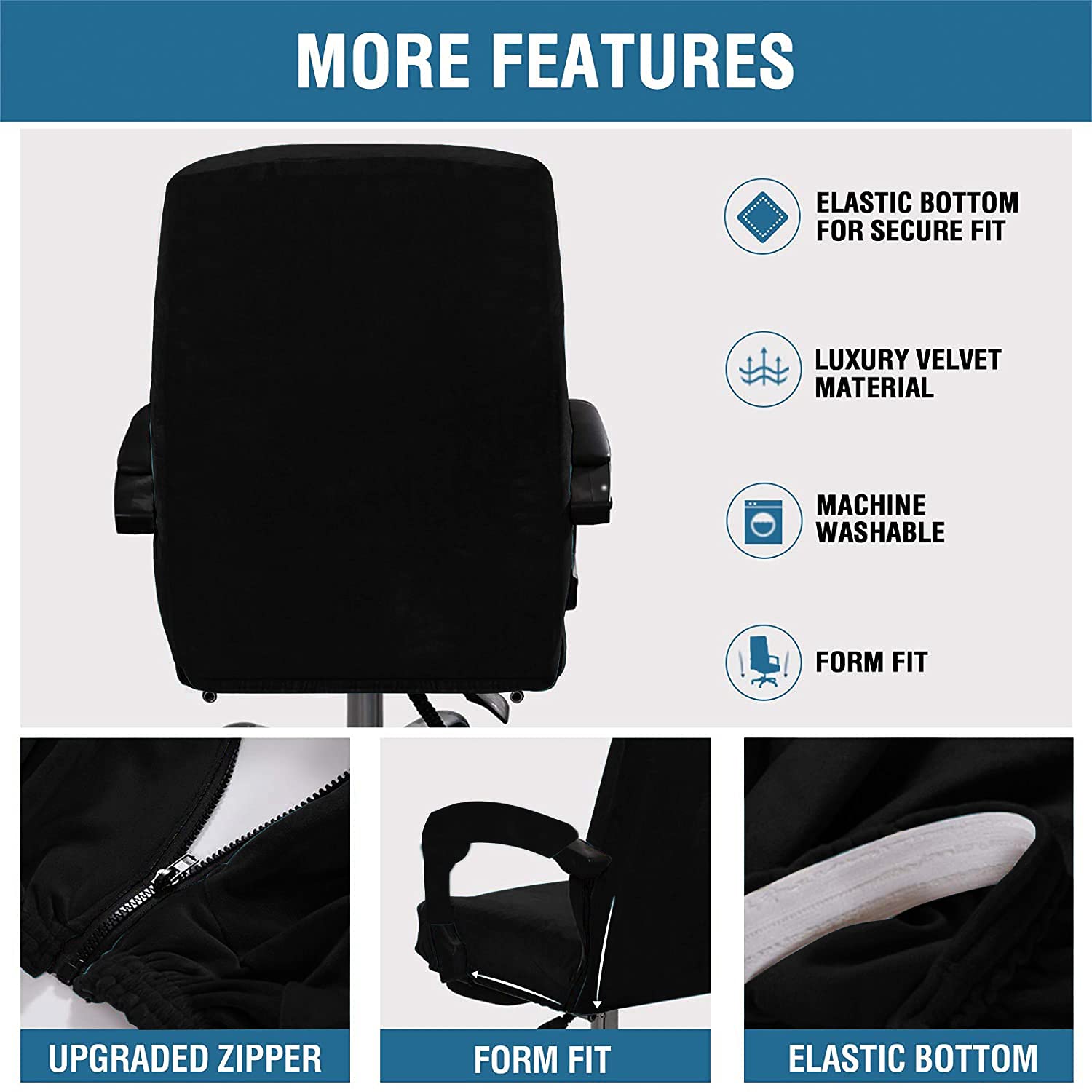 Stretchable Velvet Office Chair Cover - Removable & Washable Universal Elastic Slipcover for Computer, High Back & Rotating Chairs - Modern Minimalist Style (Black, Large) - Perfect for Home Office, Gaming & Workspace Decor